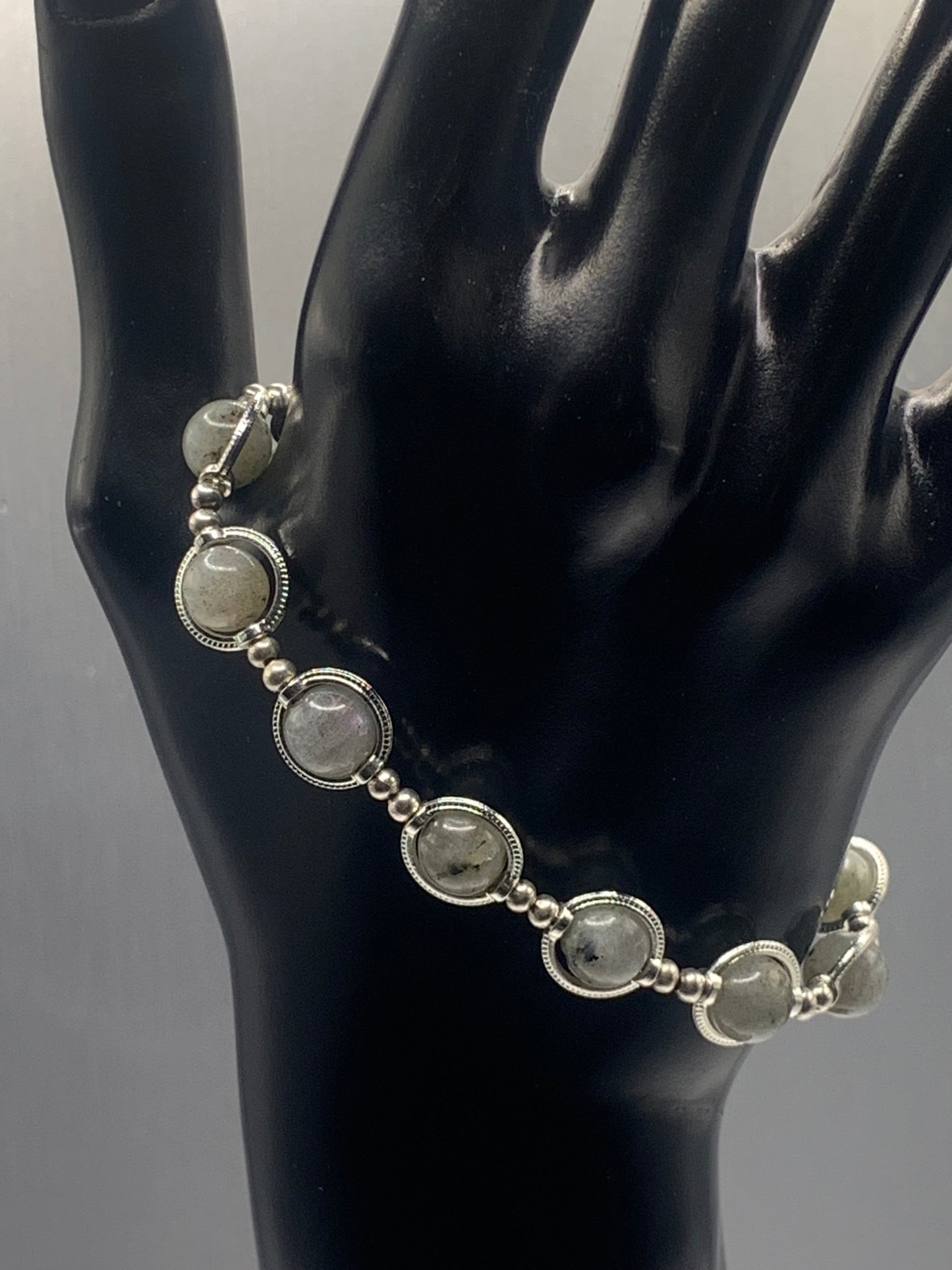 Labradorite semi precious stone/crystal elastic beaded bracelet with silver colored rings
