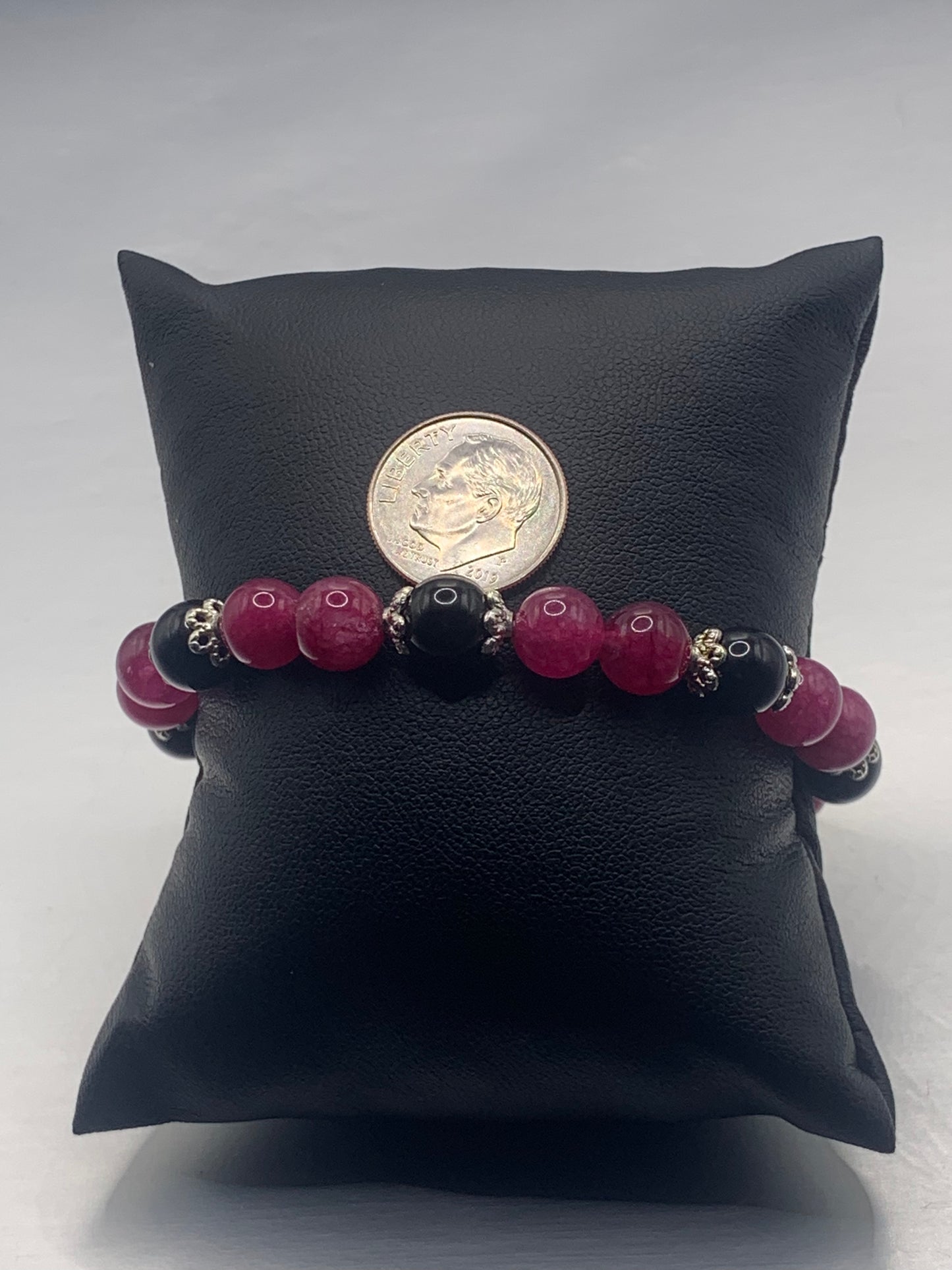 Black obsidian with dark pink chalcedony semi precious stone/crystal beaded elastic bracelet with silver plated flower bead caps