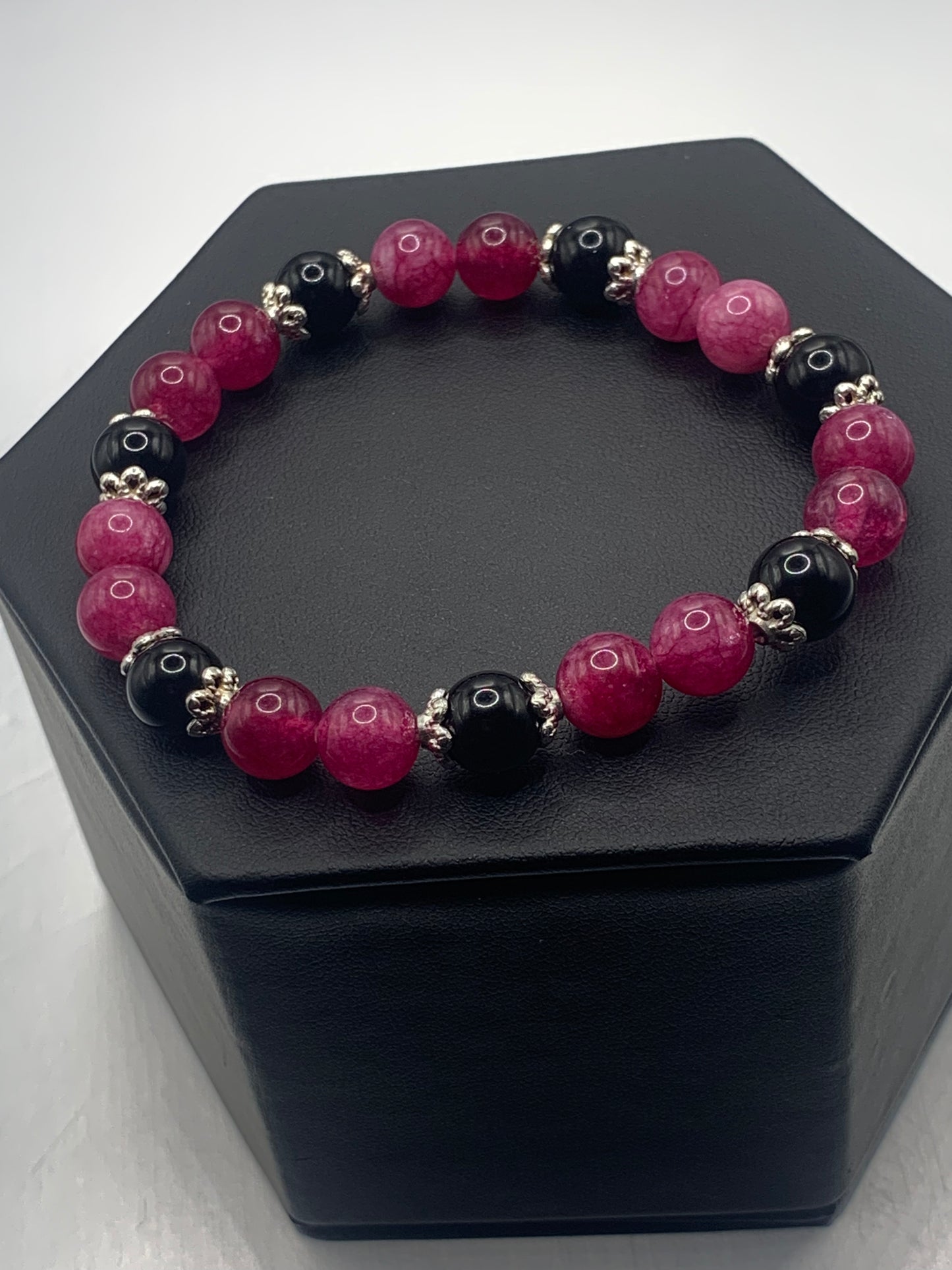 Black obsidian with dark pink chalcedony semi precious stone/crystal beaded elastic bracelet with silver plated flower bead caps