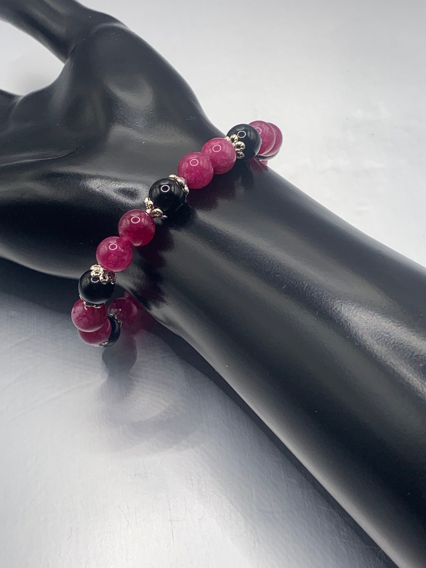Black obsidian with dark pink chalcedony semi precious stone/crystal beaded elastic bracelet with silver plated flower bead caps