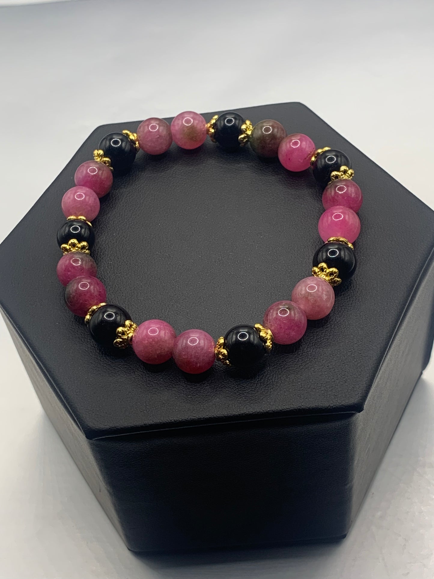 Black obsidian with datura chalcedony semi precious stone/crystal beaded elastic bracelet with gold plated flower bead caps