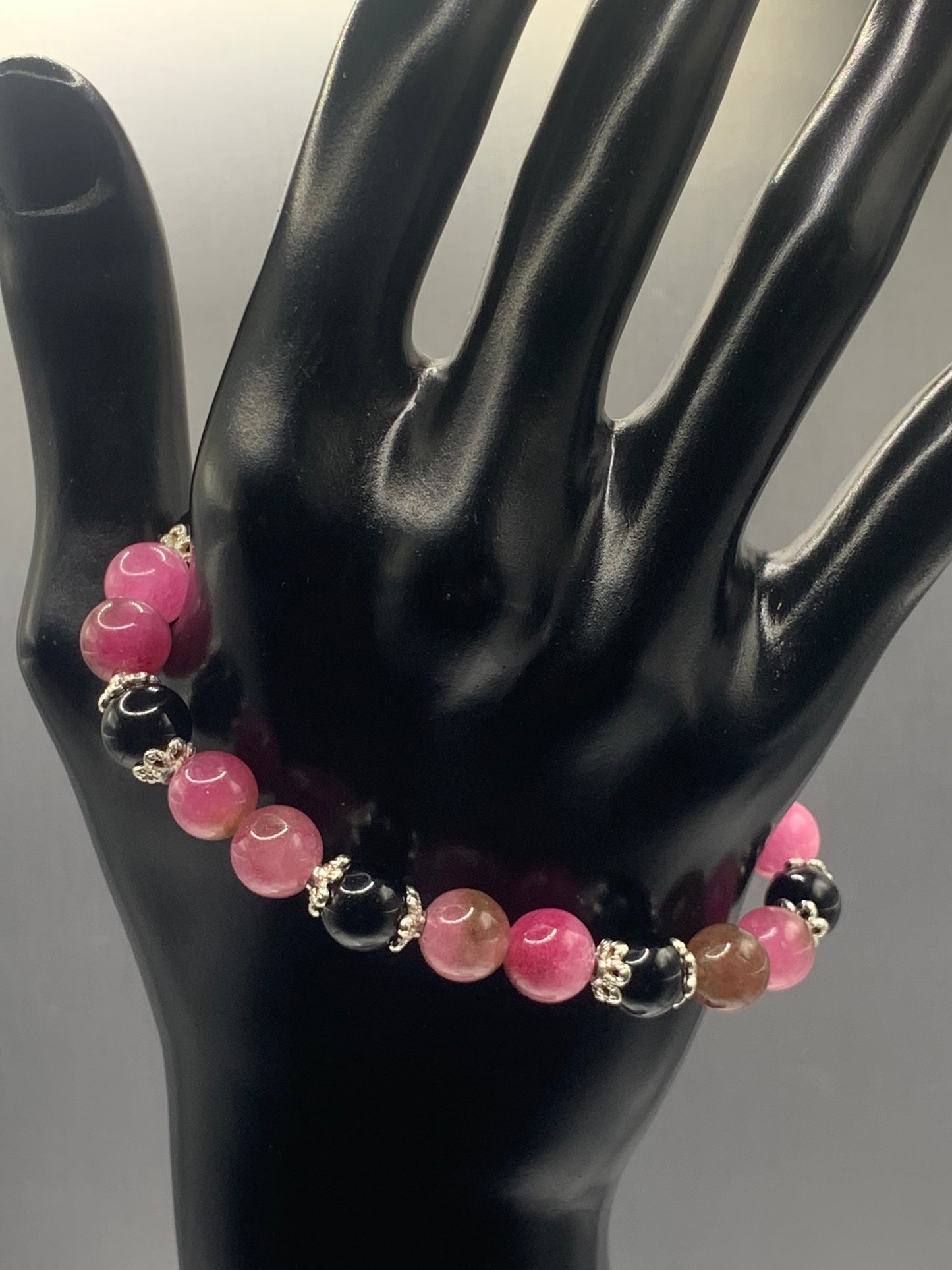 Black obsidian with datura chalcedony semi precious stone/crystal beaded elastic bracelet with silver plated flower bead caps