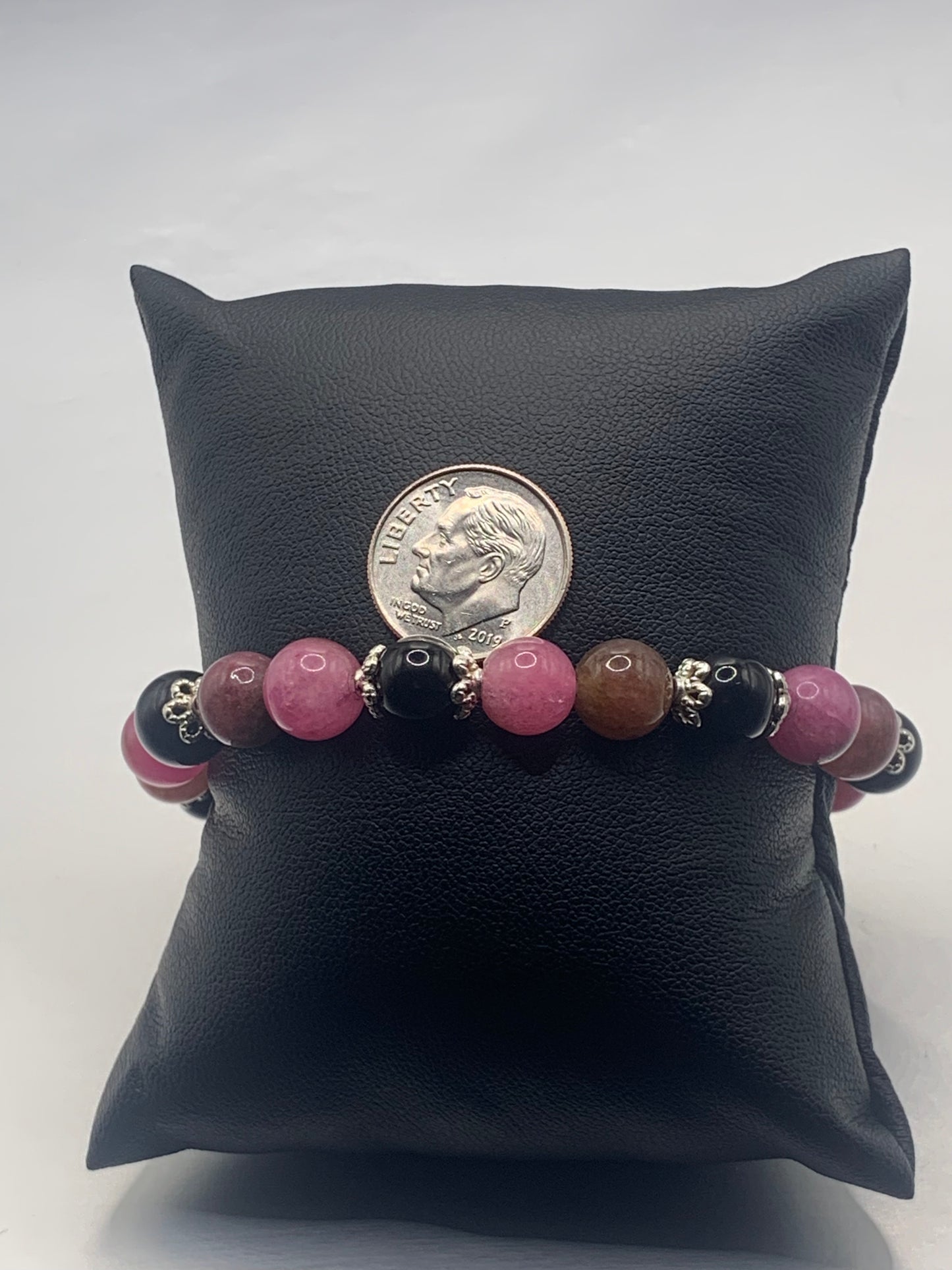 Black obsidian with datura chalcedony semi precious stone/crystal beaded elastic bracelet with silver plated flower bead caps