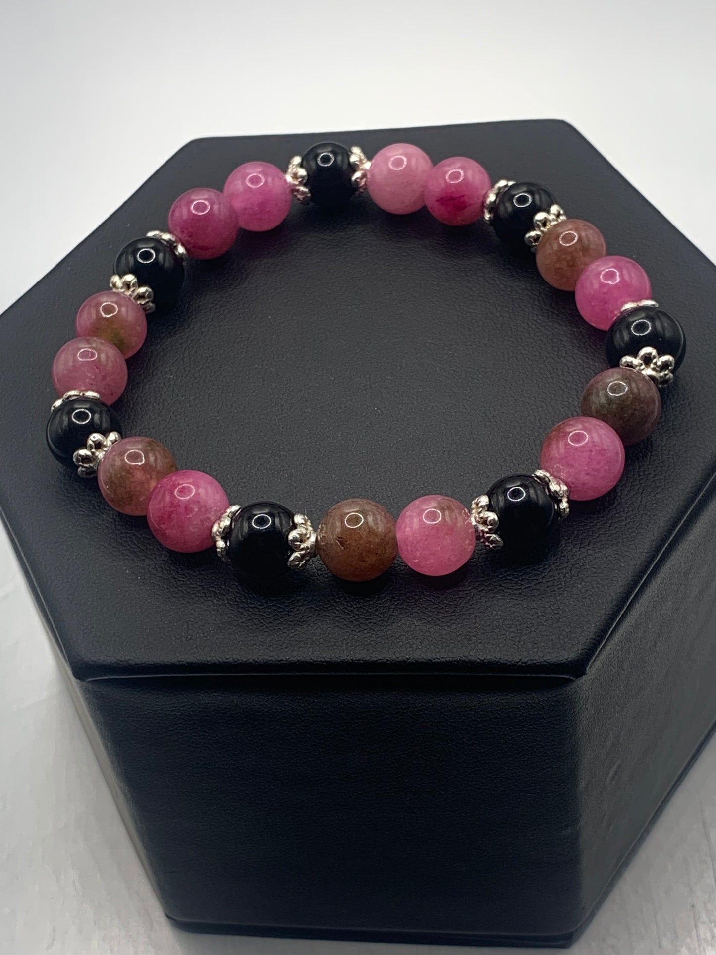 Black obsidian with datura chalcedony semi precious stone/crystal beaded elastic bracelet with silver plated flower bead caps