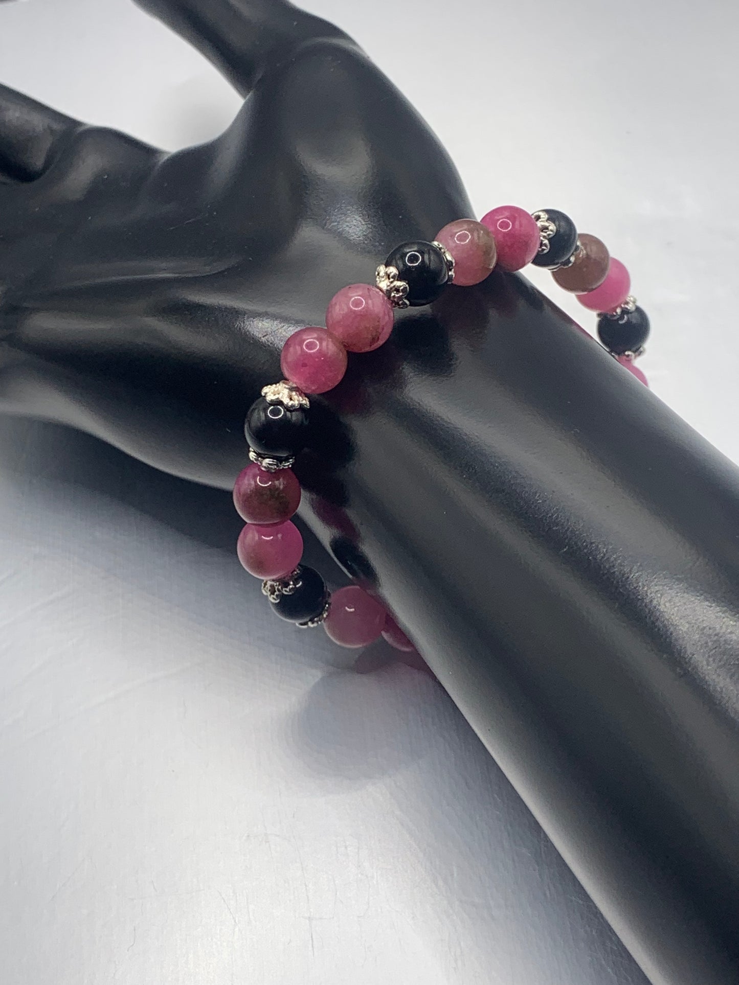 Black obsidian with datura chalcedony semi precious stone/crystal beaded elastic bracelet with silver plated flower bead caps