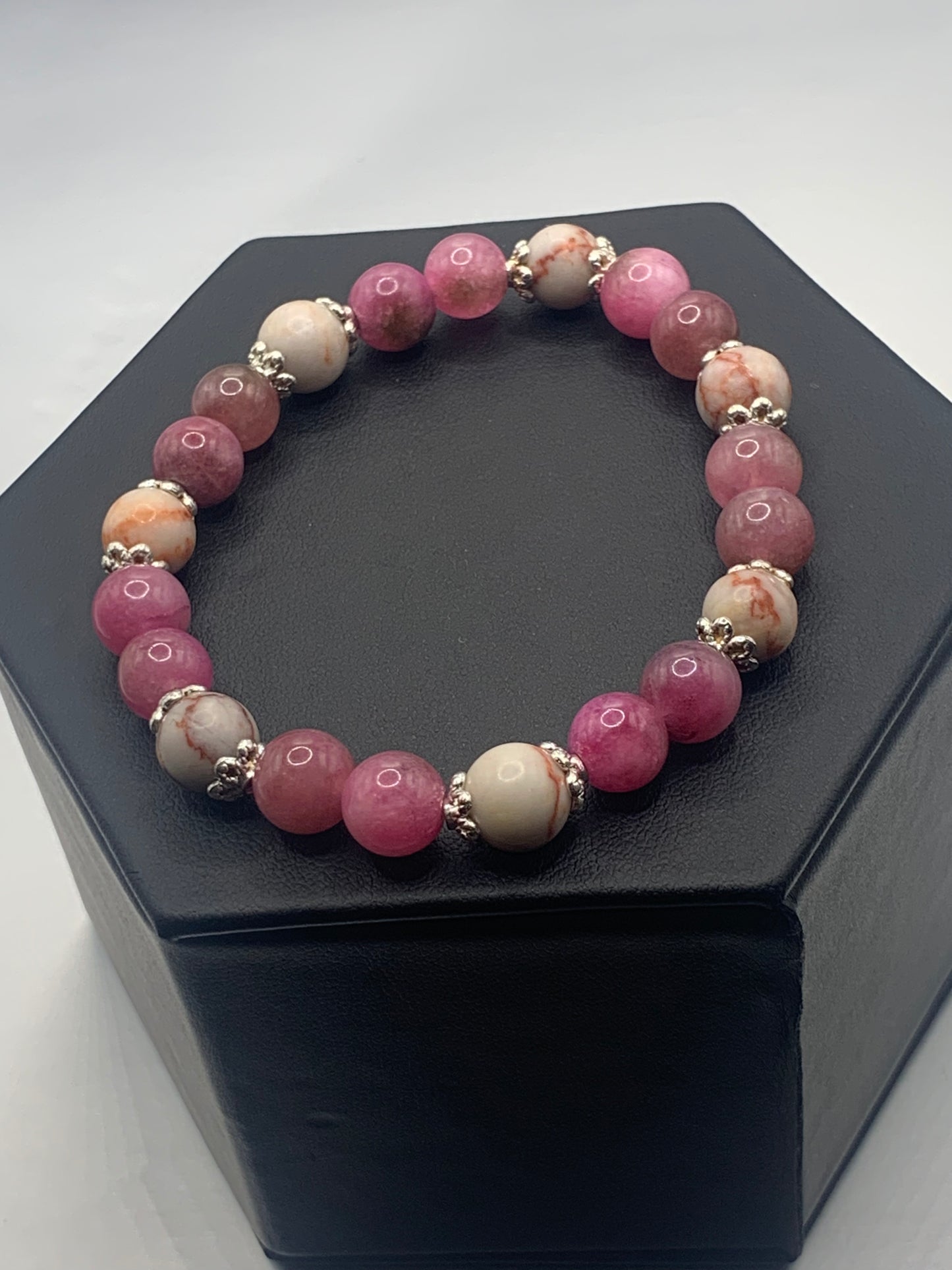 Red vein jasper and datura chalcedony semi precious stone/crystal elastic beaded bracelet with silver plated flower bead caps