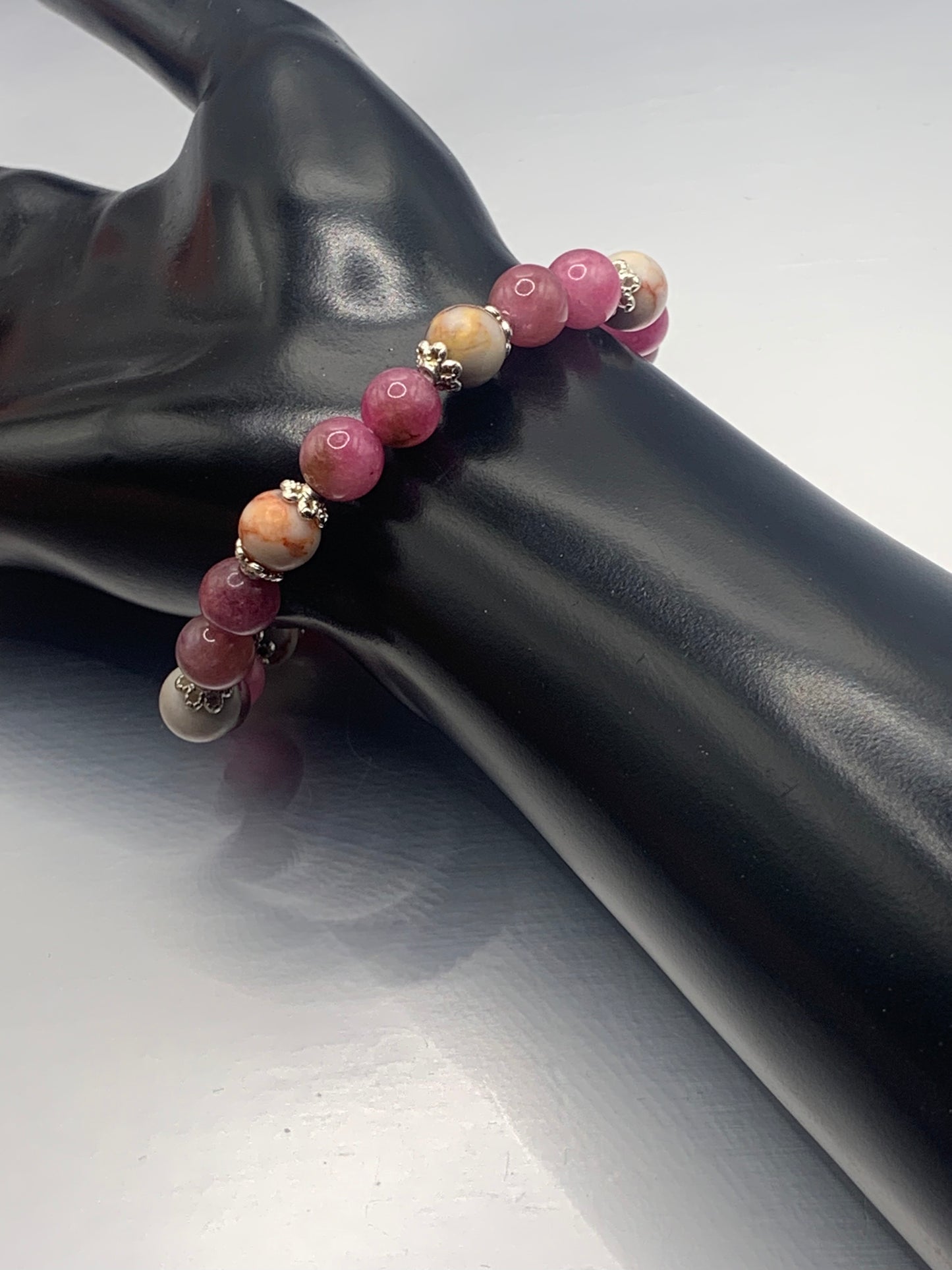 Red vein jasper and datura chalcedony semi precious stone/crystal elastic beaded bracelet with silver plated flower bead caps