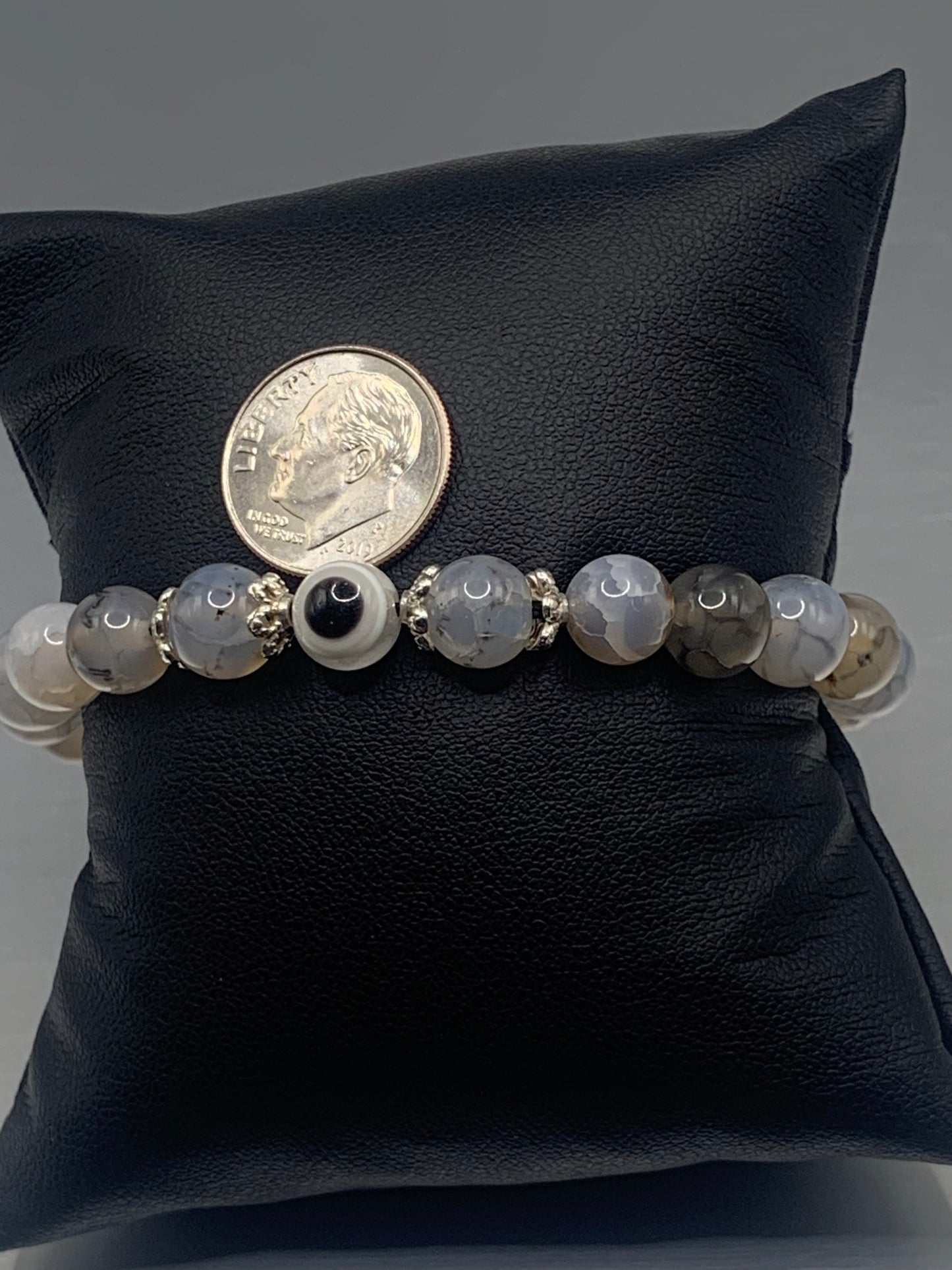 Dragon vein agate semi precious stone/crystal with resin evil eye beaded elastic bracelet