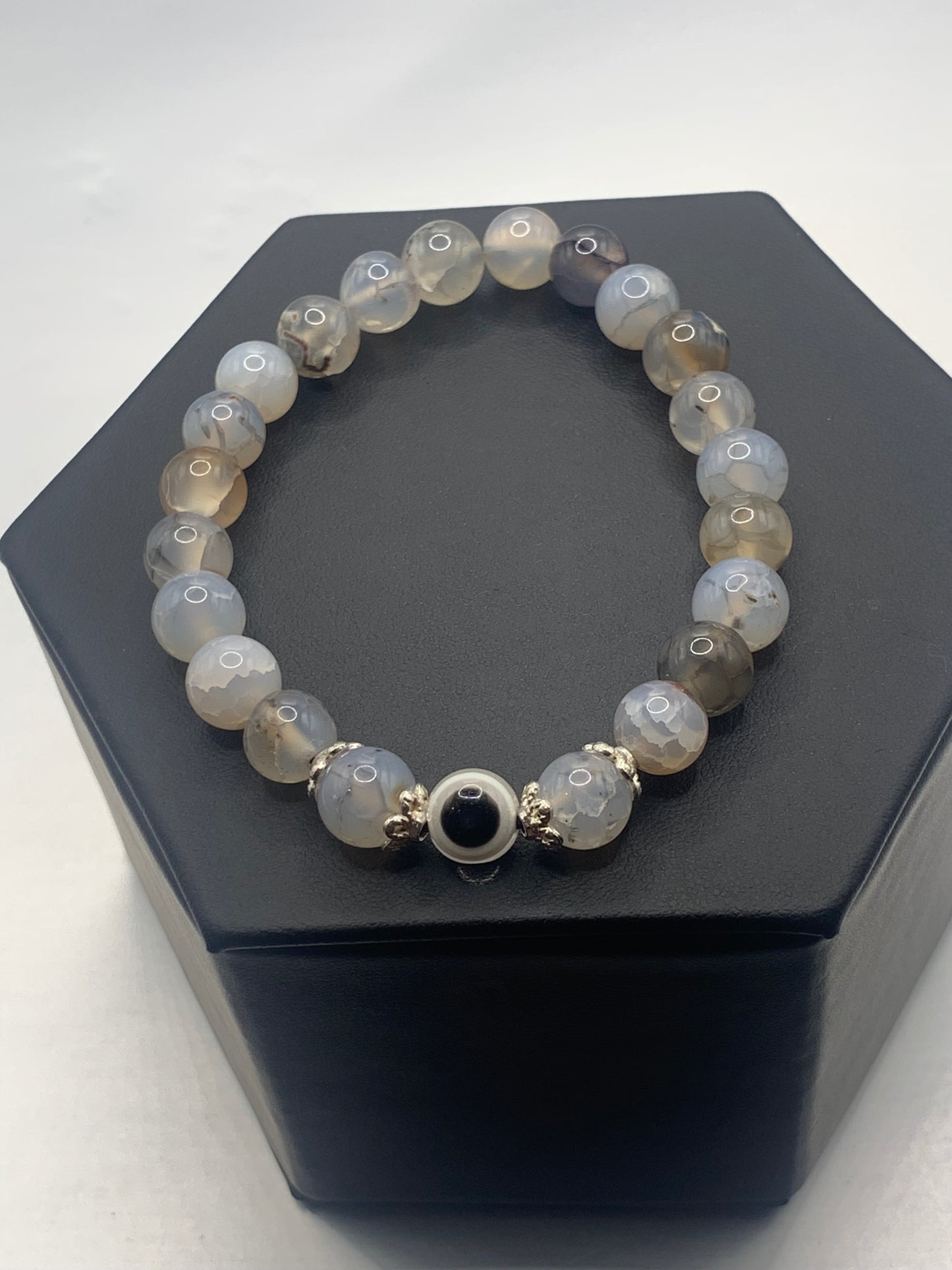 Dragon vein agate semi precious stone/crystal with resin evil eye beaded elastic bracelet