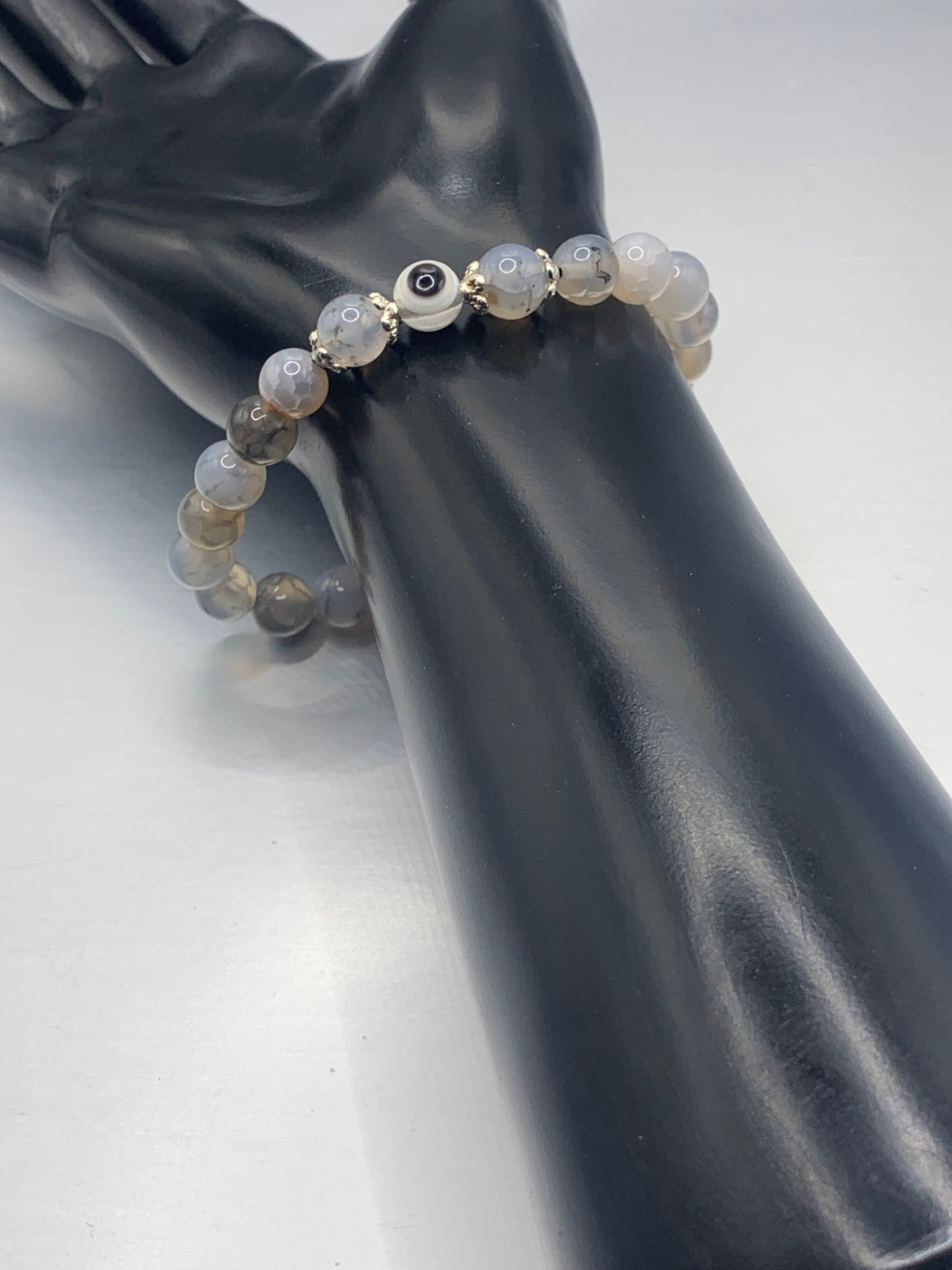 Dragon vein agate semi precious stone/crystal with resin evil eye beaded elastic bracelet
