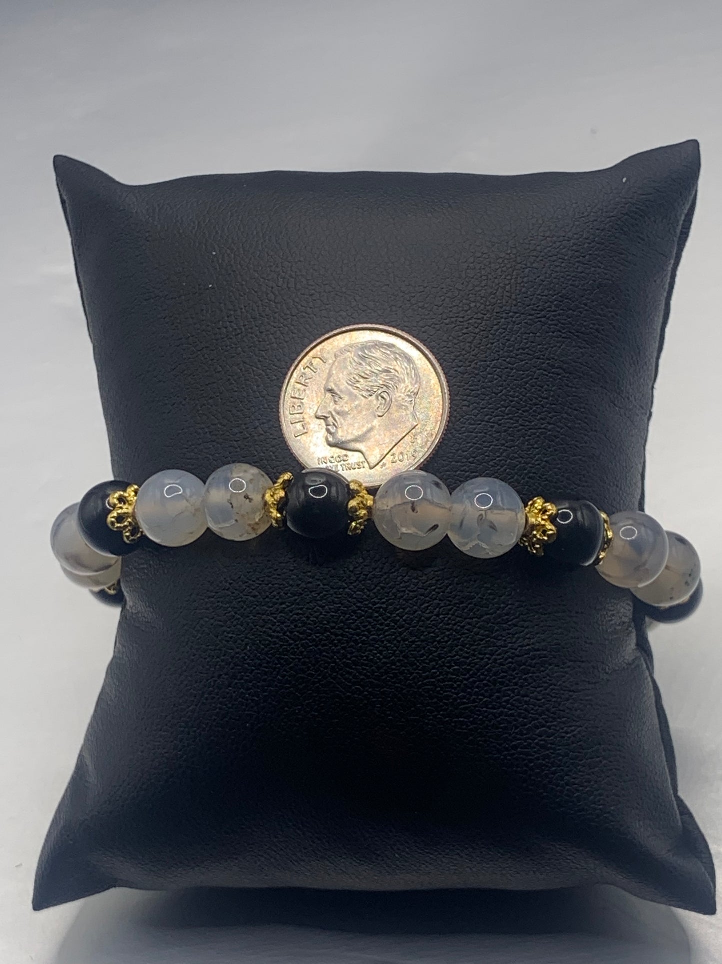 Black obsidian with dragon vein agate semi precious stone/crystal beaded elastic bracelet with gold plated flower bead caps