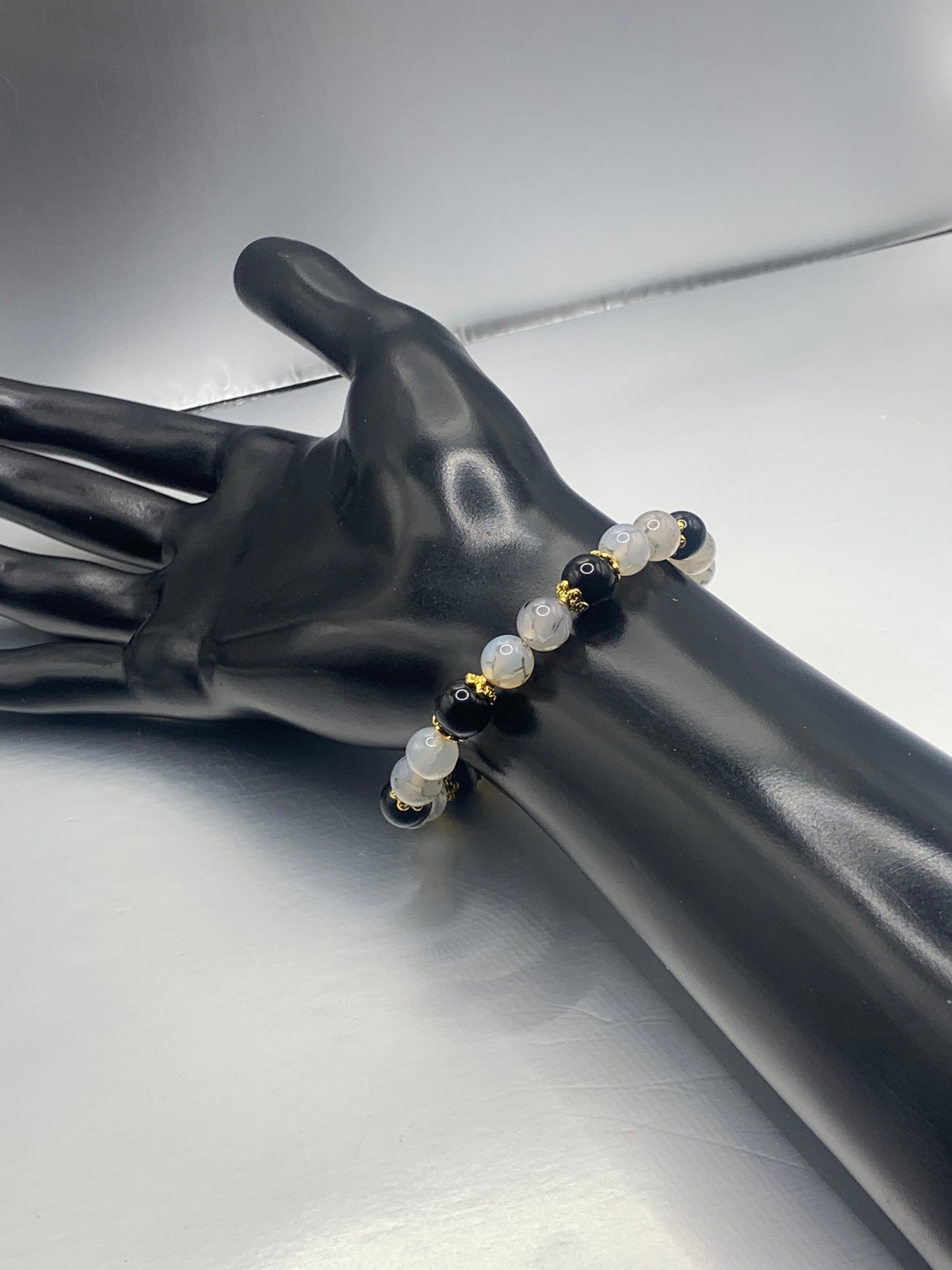 Black obsidian with dragon vein agate semi precious stone/crystal beaded elastic bracelet with gold plated flower bead caps