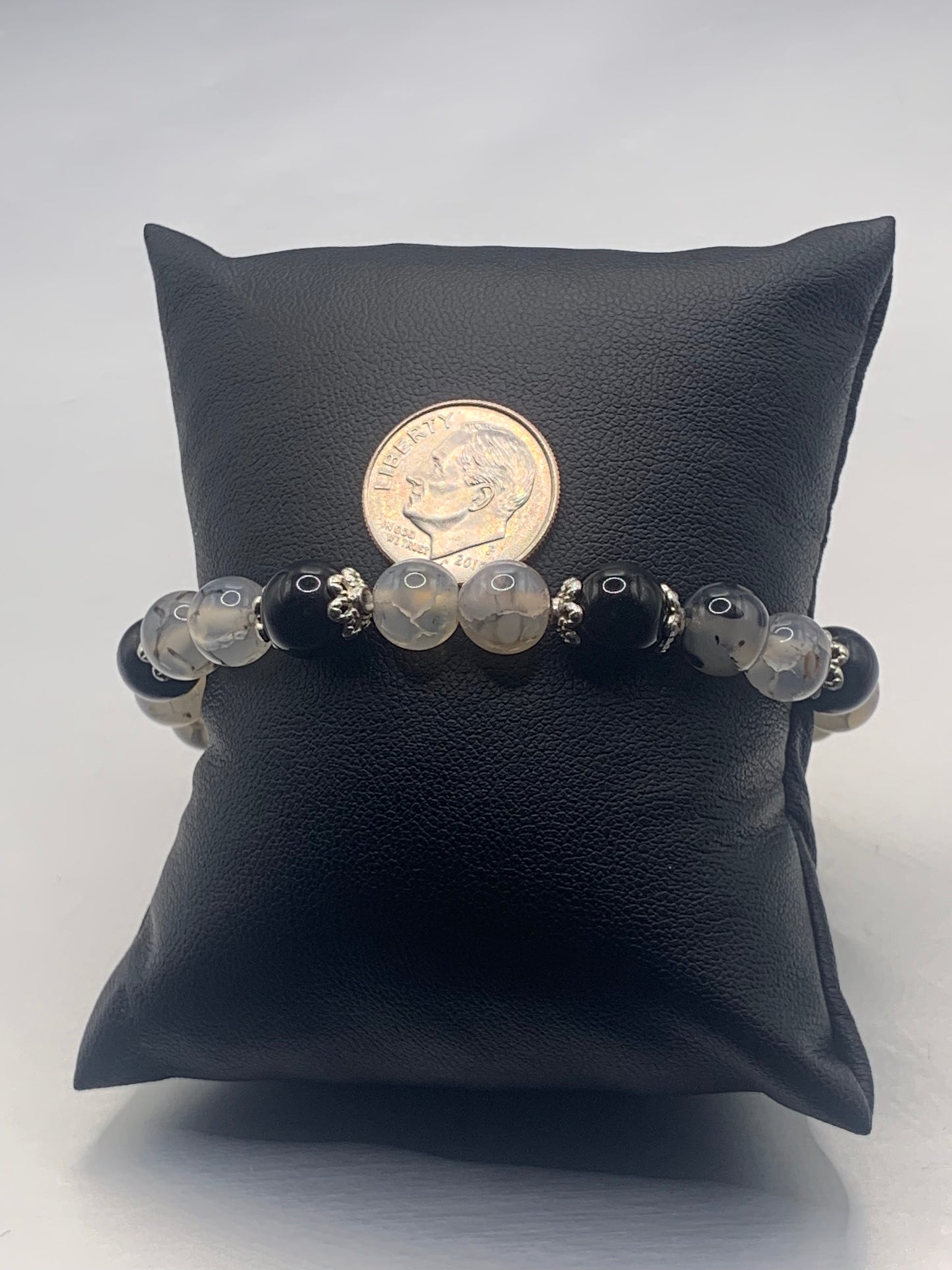 Black obsidian with dragon vein agate semi precious stone/crystal beaded elastic bracelet with silver plated flower bead caps