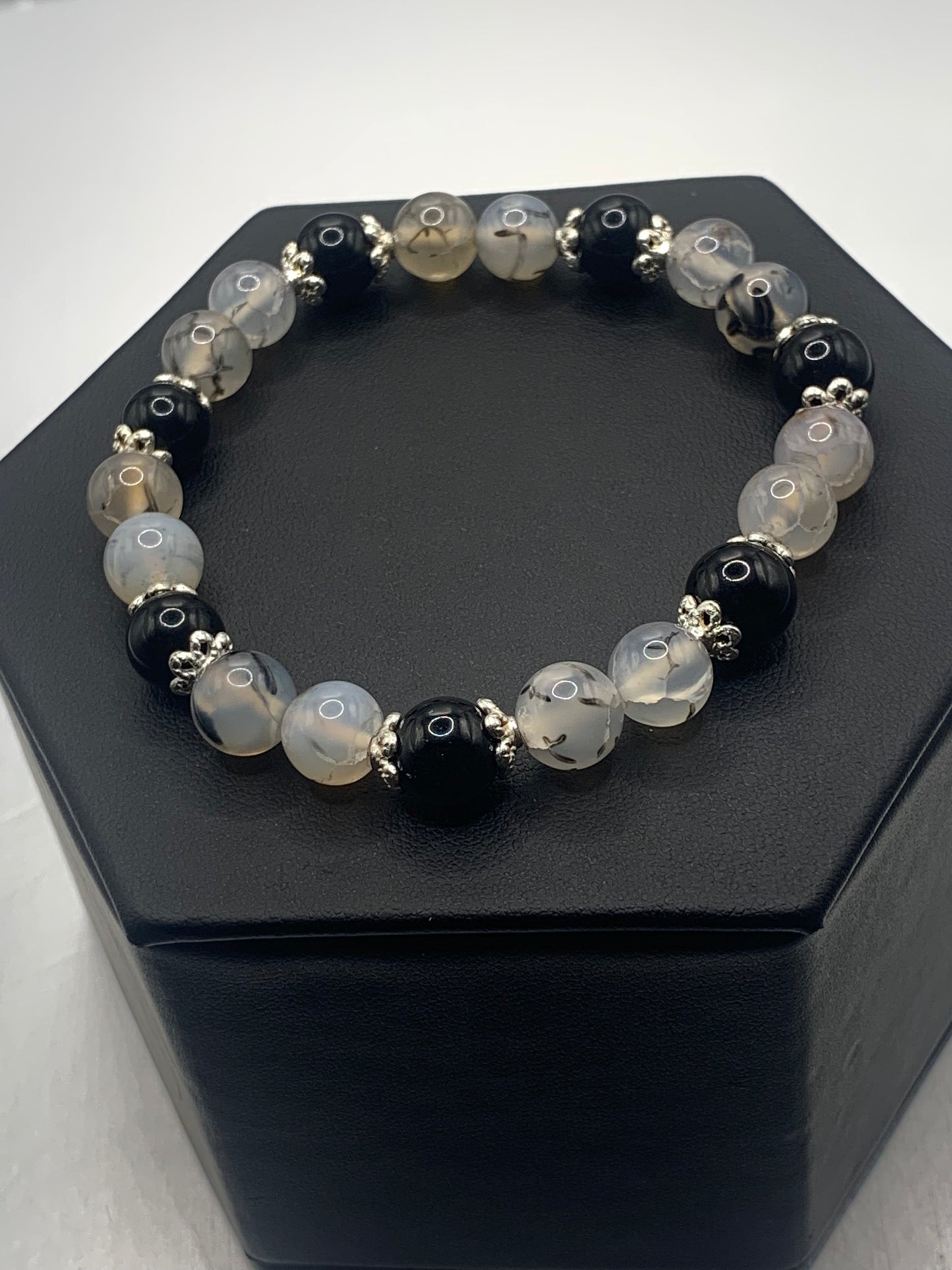 Black obsidian with dragon vein agate semi precious stone/crystal beaded elastic bracelet with silver plated flower bead caps