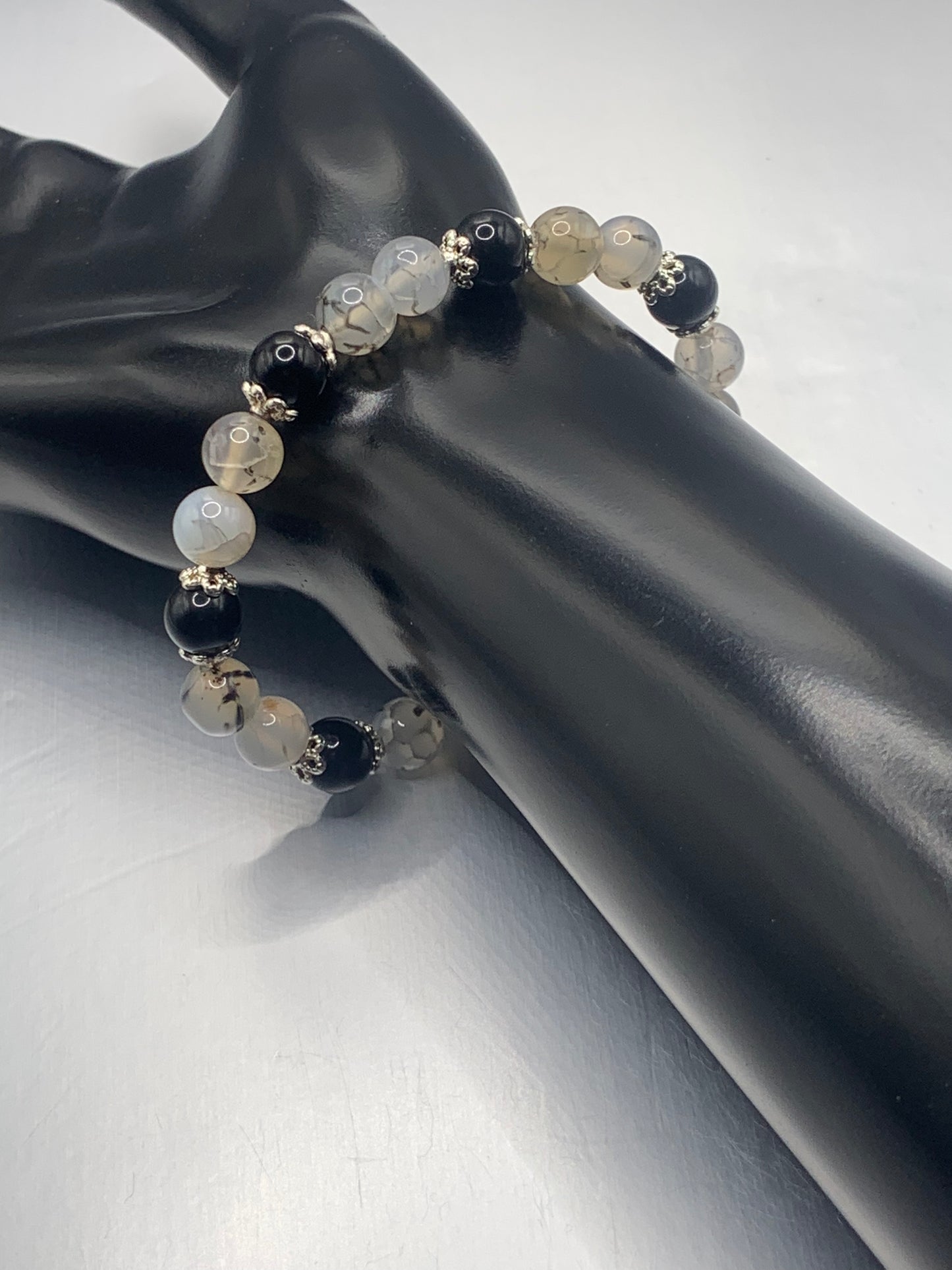 Black obsidian with dragon vein agate semi precious stone/crystal beaded elastic bracelet with silver plated flower bead caps