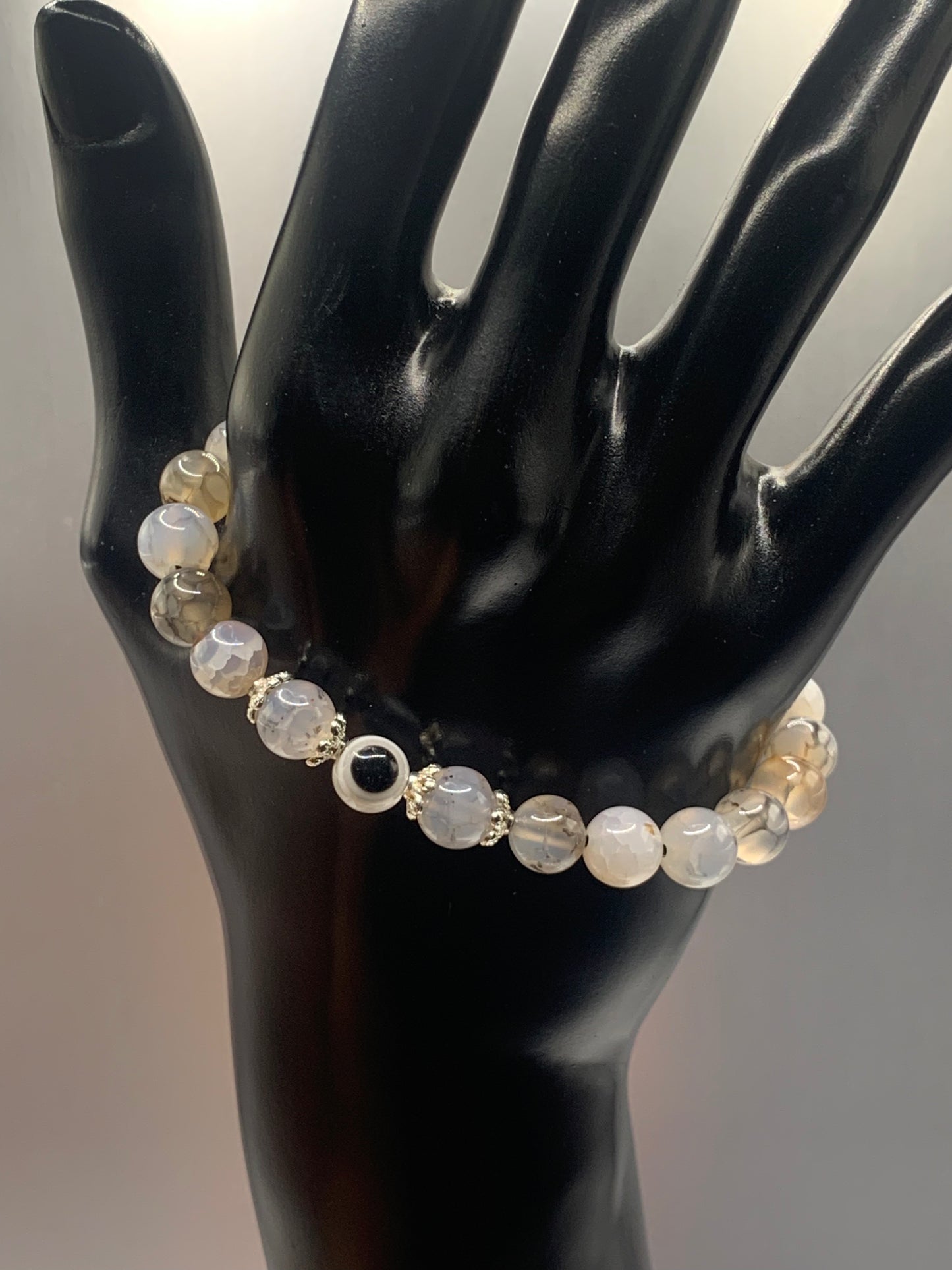 Dragon vein agate semi precious stone/crystal with resin evil eye beaded elastic bracelet