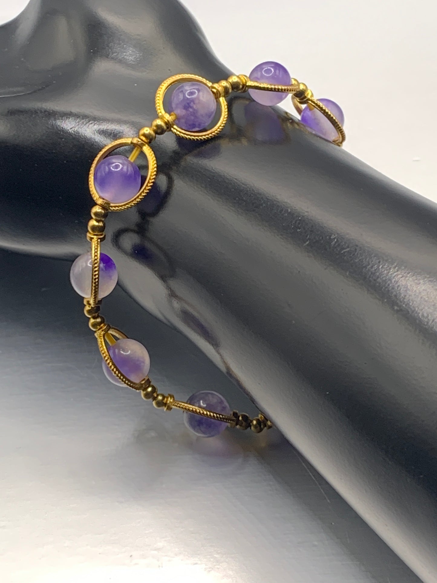 Ice blue agate semi precious stone/crystal elastic beaded bracelet with gold colored rings