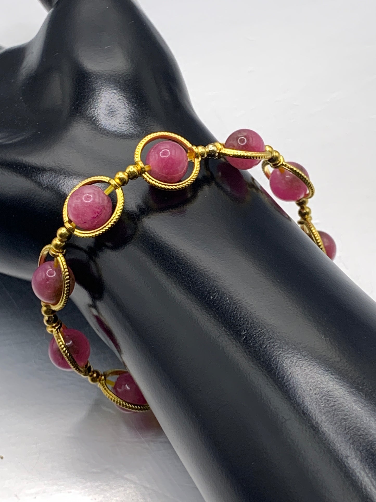 Datura chalcedony semi precious stone/crystal elastic beaded bracelet with gold colored rings