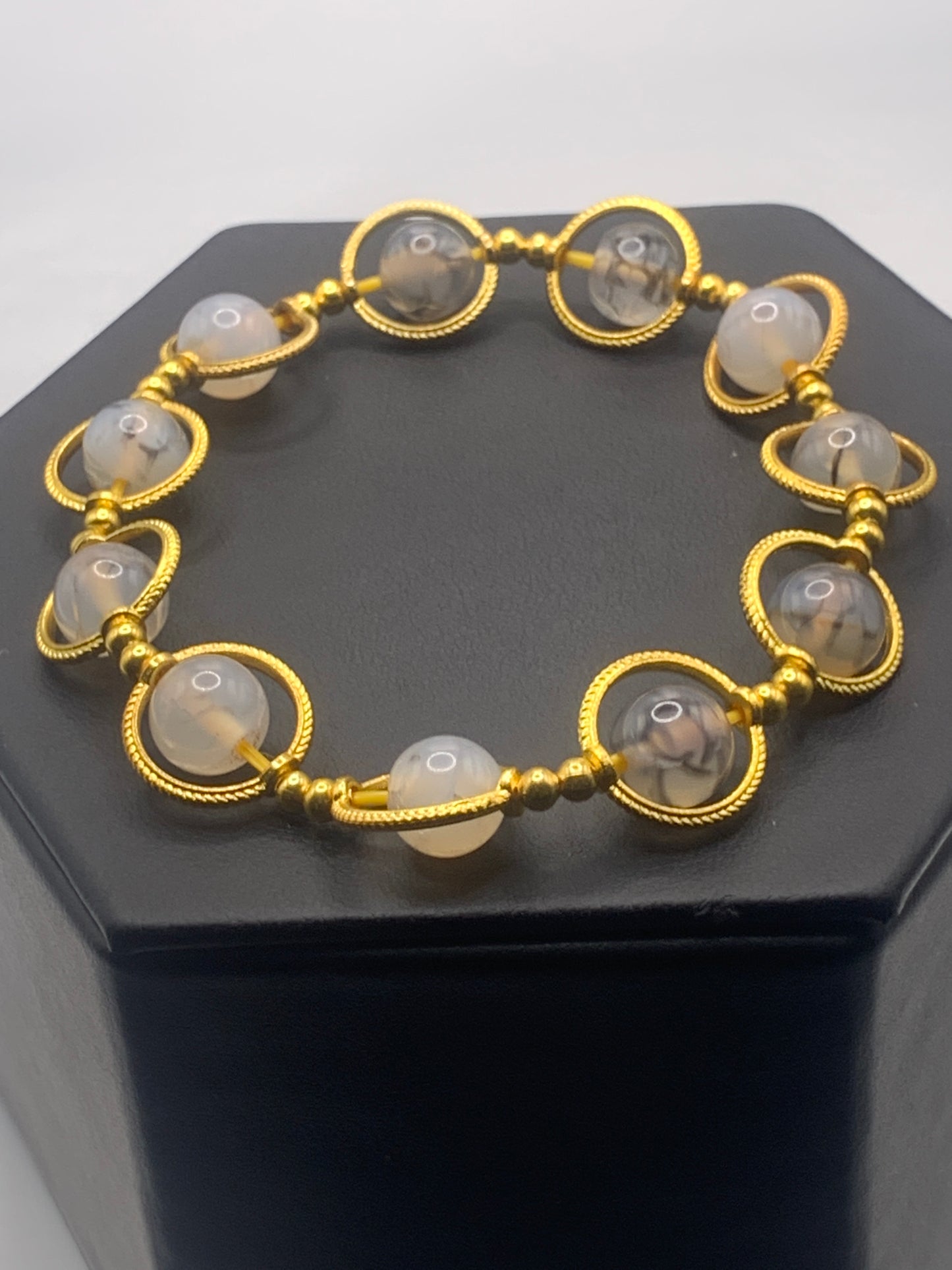 Dragon vein agate semi precious stone/crystal elastic beaded bracelet with gold colored rings