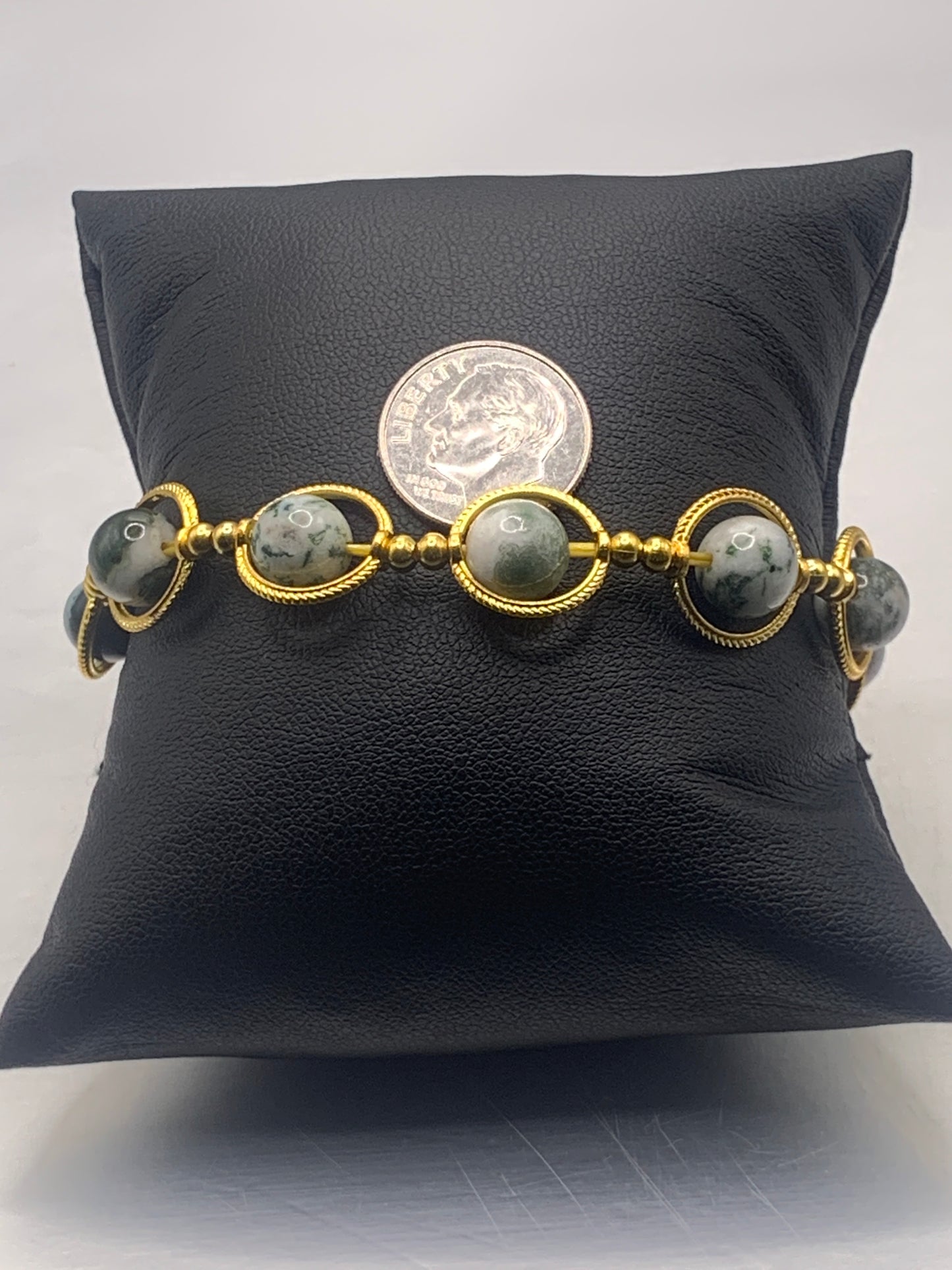 Tree moss agate semi precious stone/crystal elastic beaded bracelet with gold colored rings
