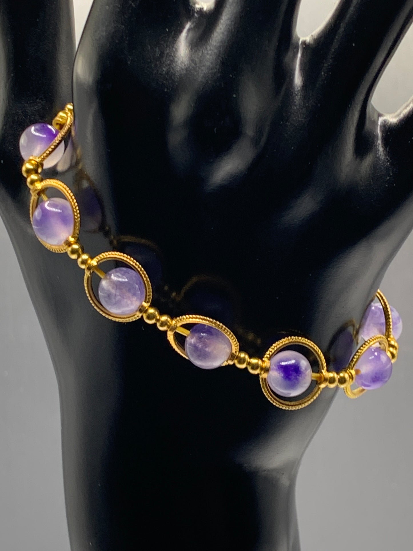 Ice blue agate semi precious stone/crystal elastic beaded bracelet with gold colored rings