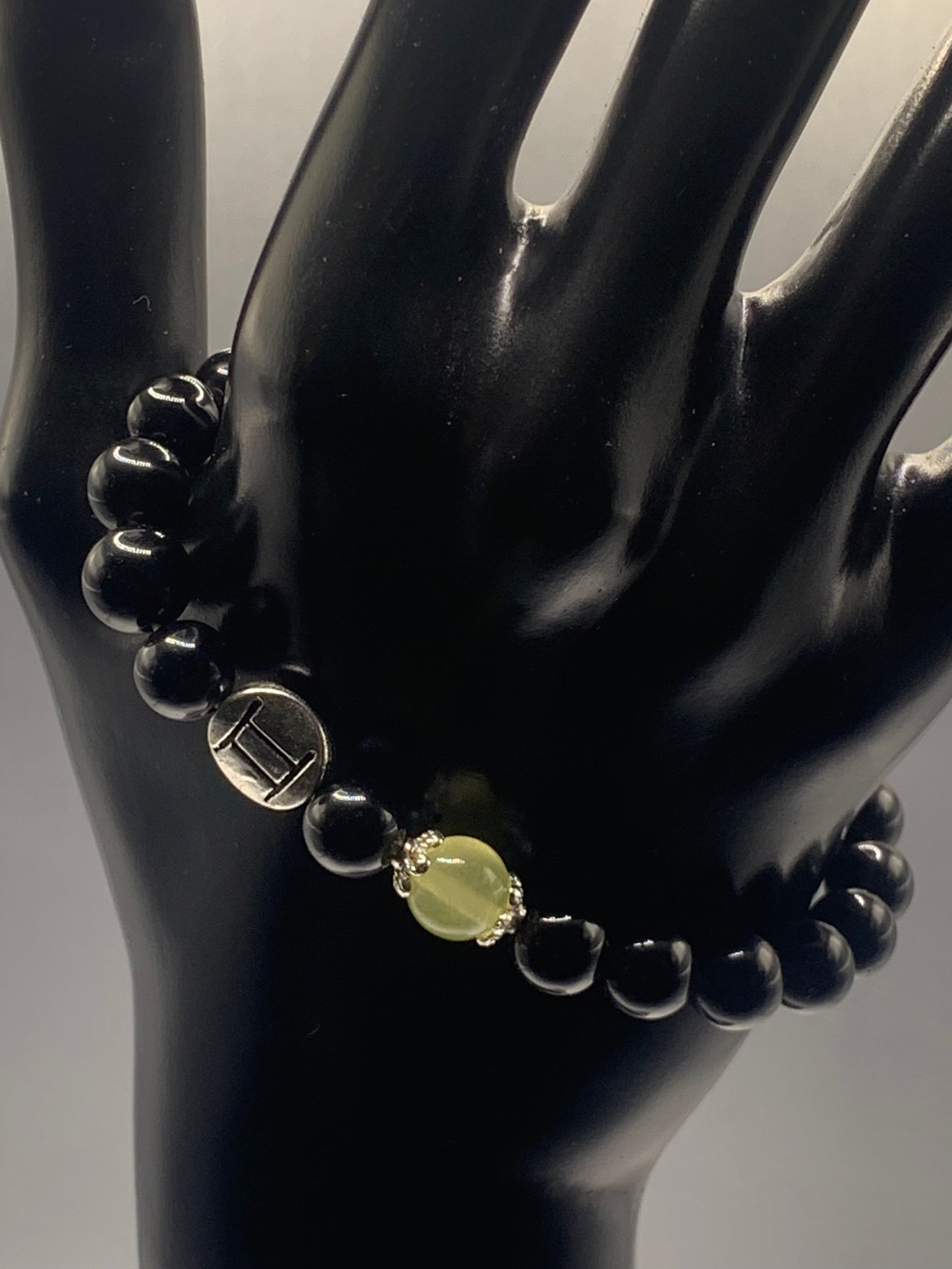 Gemini Zodiac black obsidian with apple agate elastic beaded bracelet with silver accents