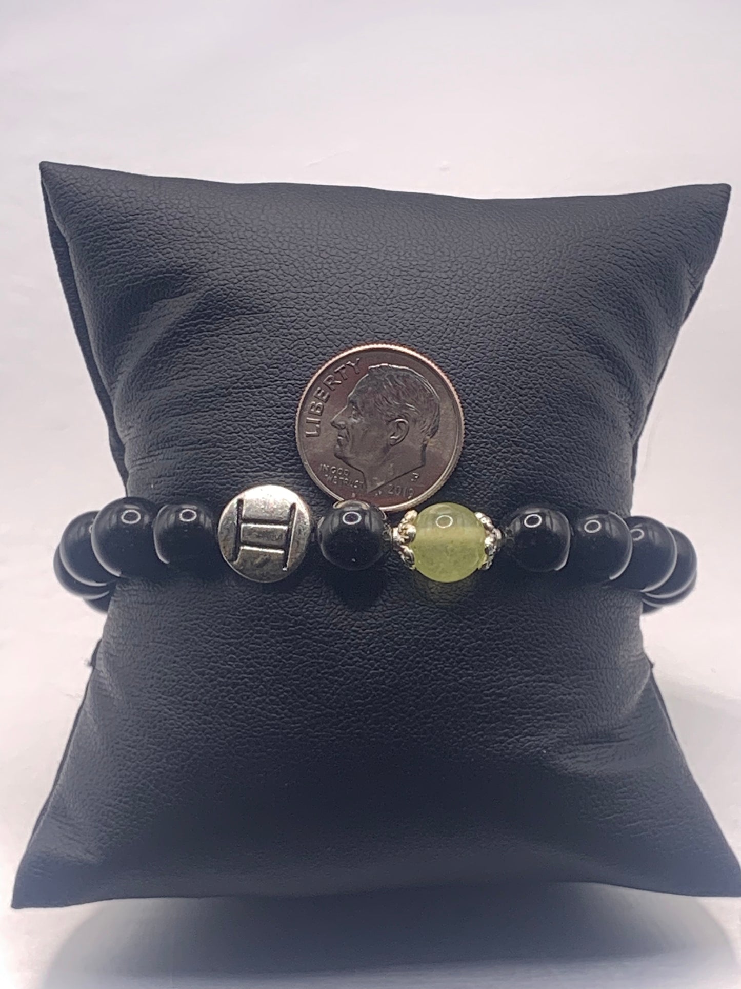 Gemini Zodiac black obsidian with apple agate elastic beaded bracelet with silver accents