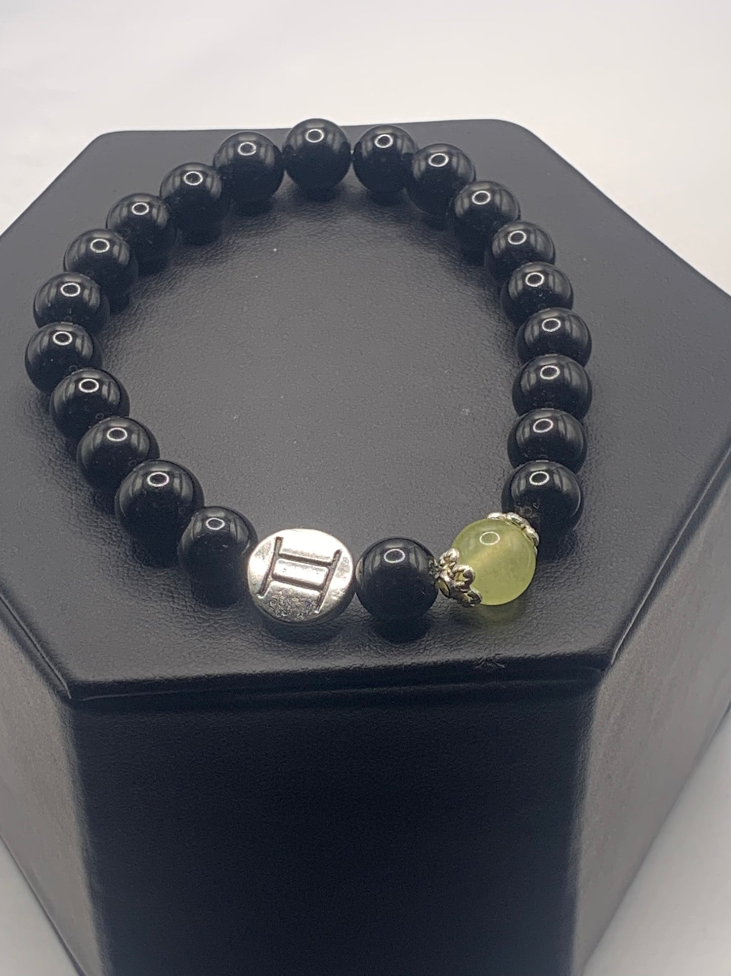 Gemini Zodiac black obsidian with apple agate elastic beaded bracelet with silver accents