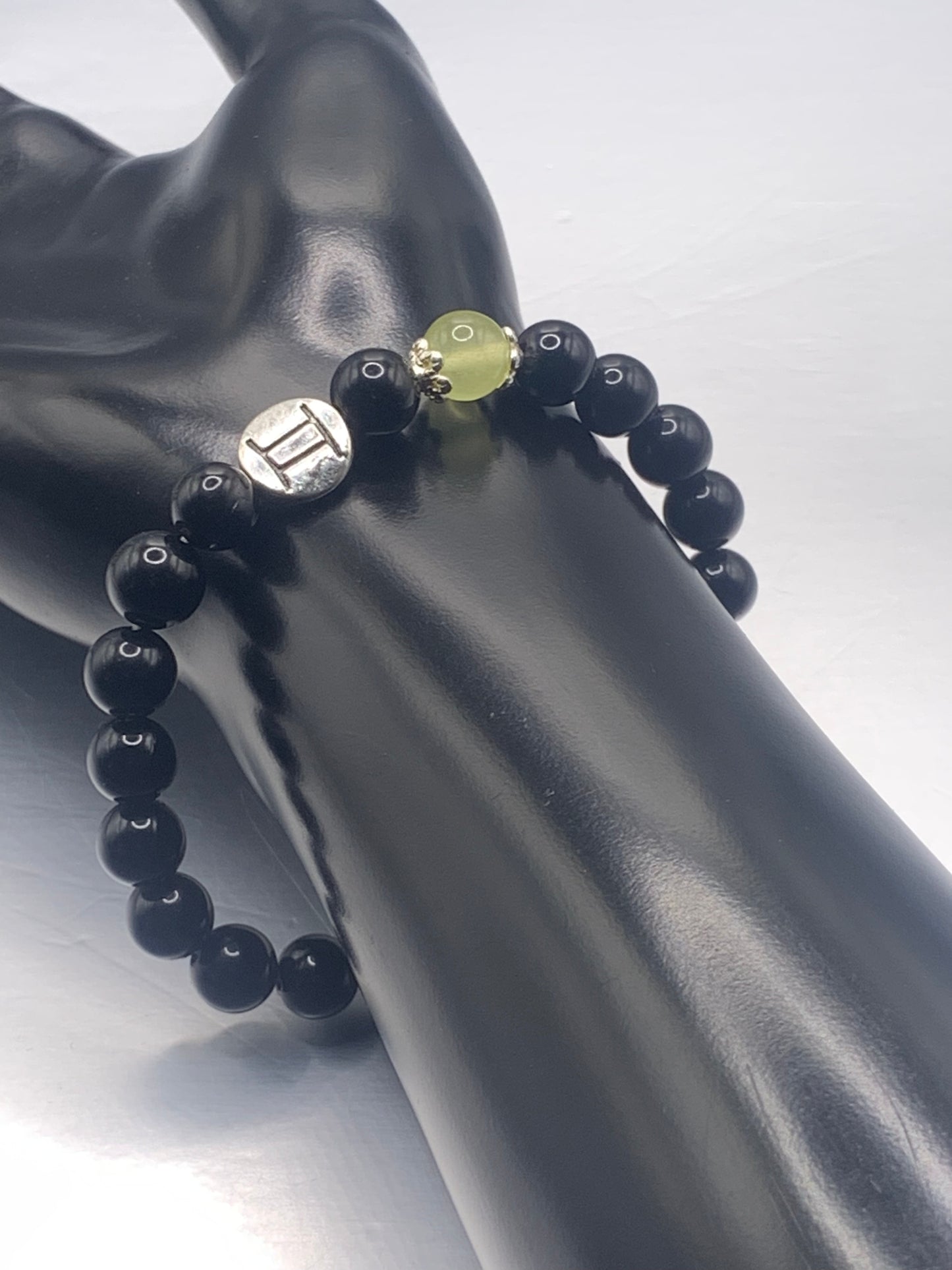 Gemini Zodiac black obsidian with apple agate elastic beaded bracelet with silver accents
