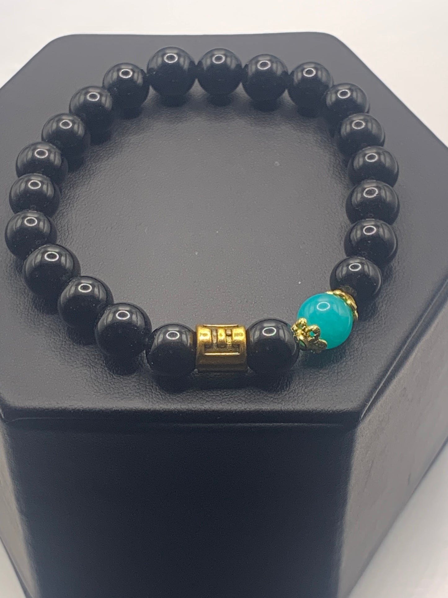 Gemini Zodiac black obsidian with aquamarine chalcedony elastic beaded bracelet with gold accents