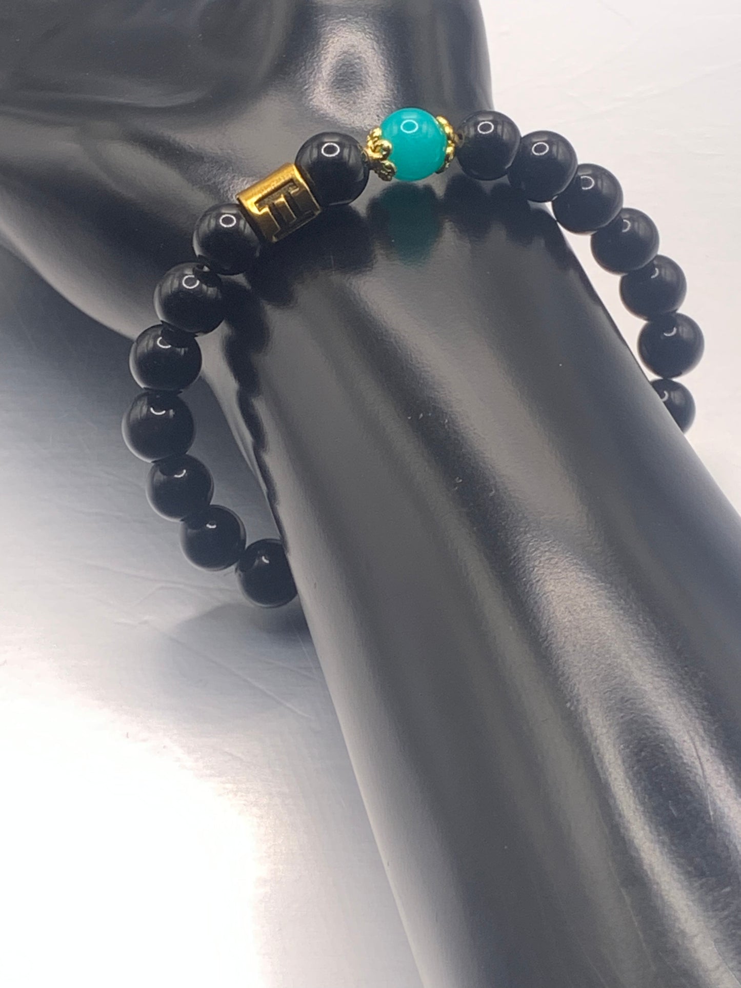 Gemini Zodiac black obsidian with aquamarine chalcedony elastic beaded bracelet with gold accents