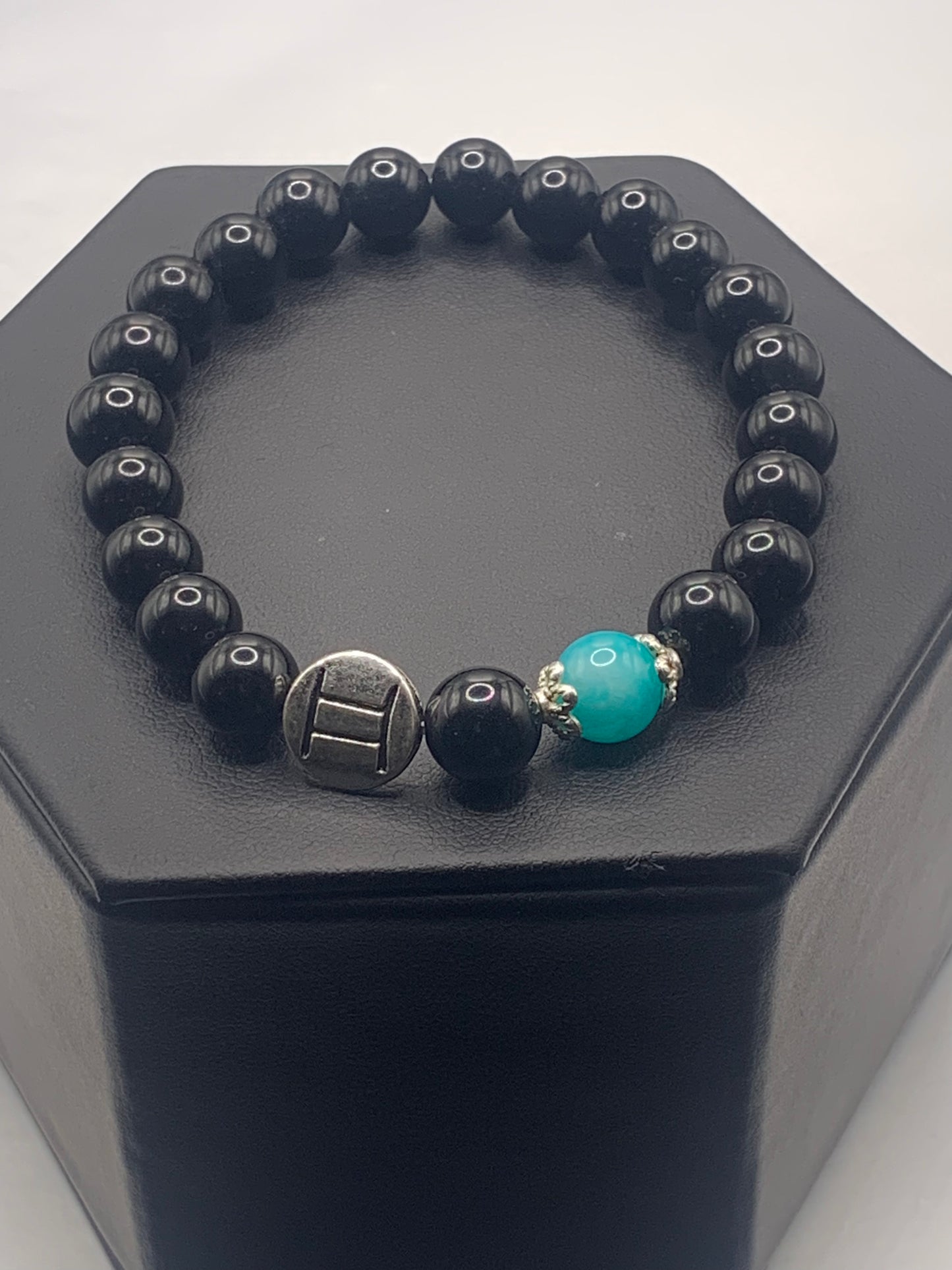 Gemini Zodiac black obsidian with aquamarine chalcedony elastic beaded bracelet with silver accents