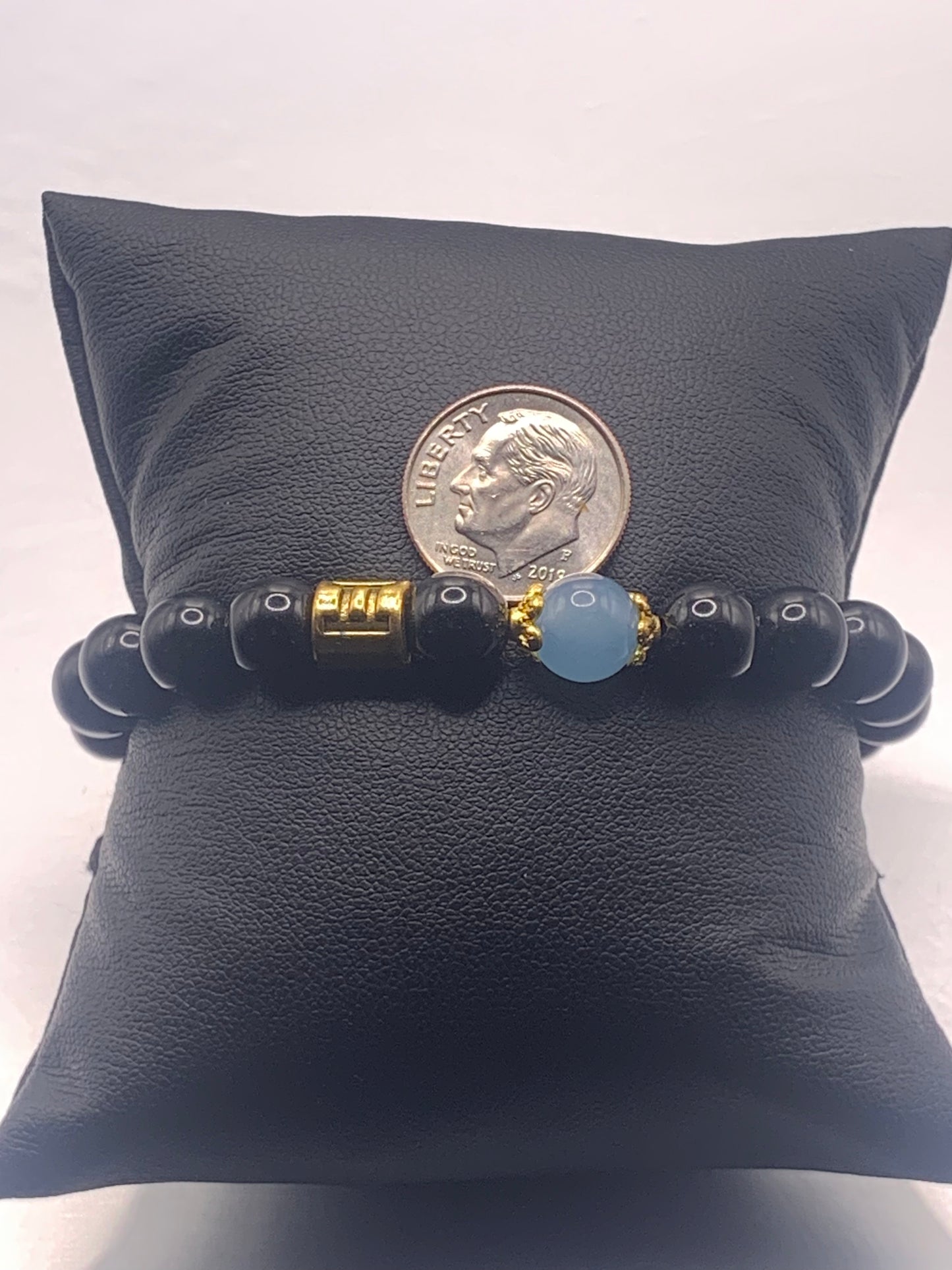Gemini Zodiac black obsidian with blue agate elastic beaded bracelet with gold accents