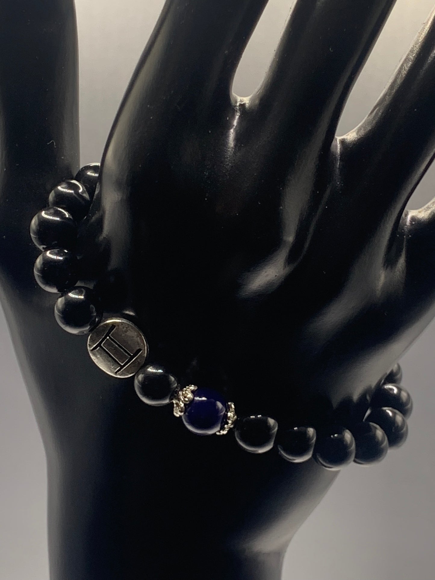 Gemini Zodiac black obsidian with blue lace agate elastic beaded bracelet with silver accents