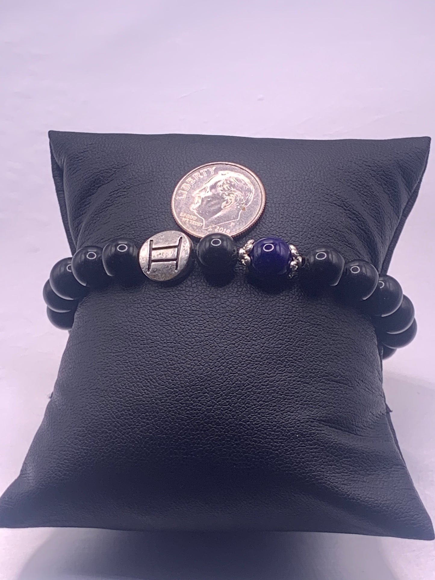 Gemini Zodiac black obsidian with blue lace agate elastic beaded bracelet with silver accents
