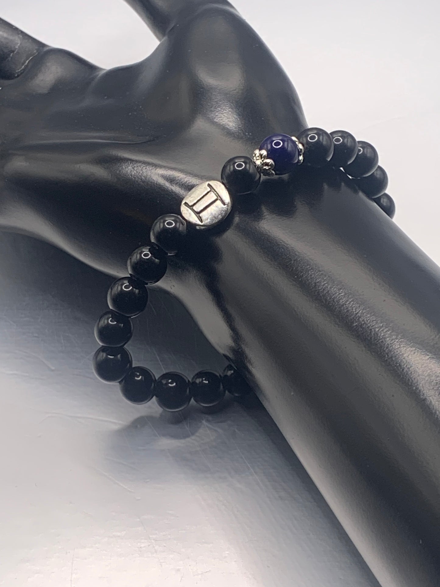 Gemini Zodiac black obsidian with blue lace agate elastic beaded bracelet with silver accents