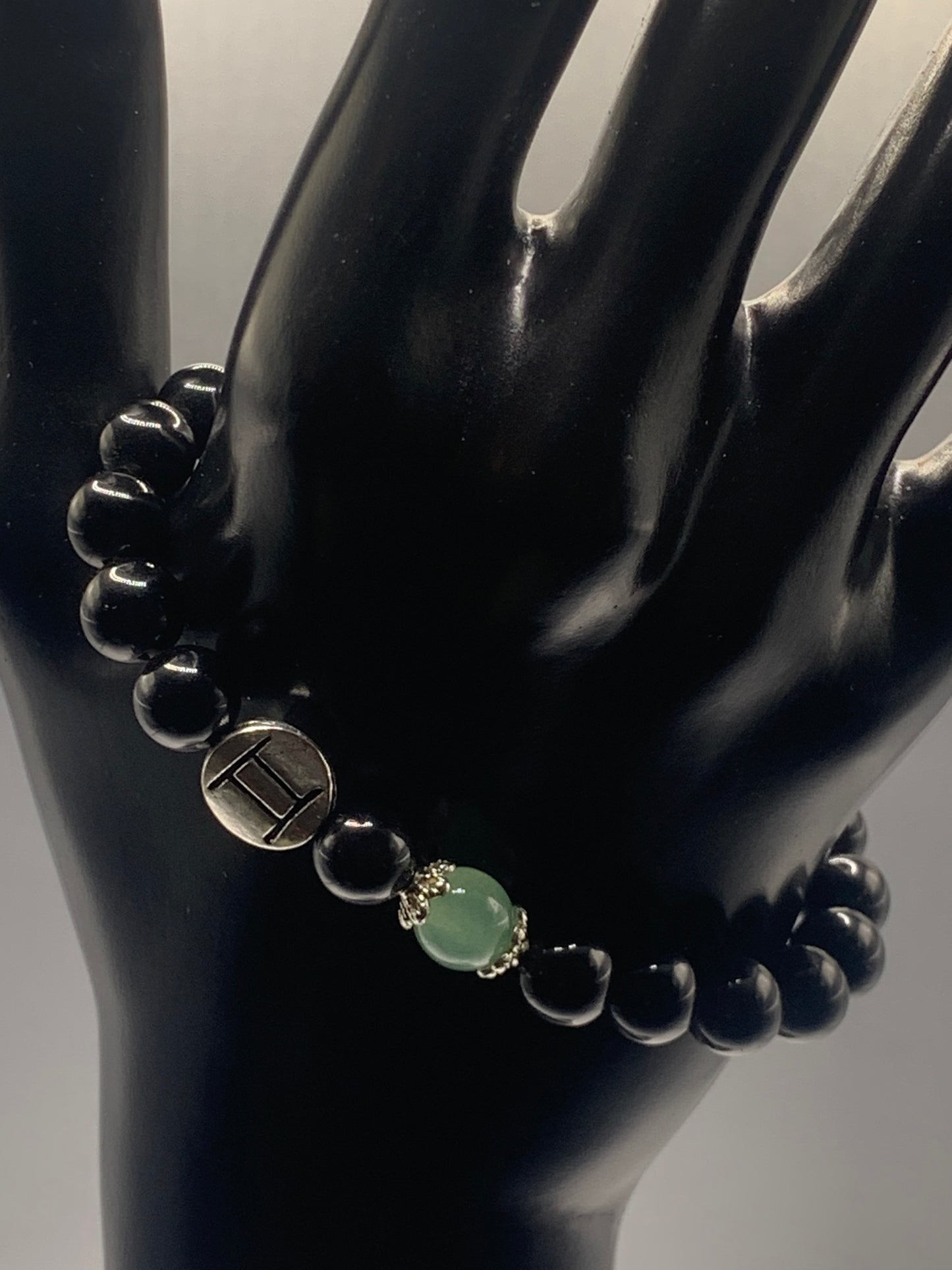 Gemini Zodiac black obsidian with green aventurine elastic beaded bracelet with silver accents