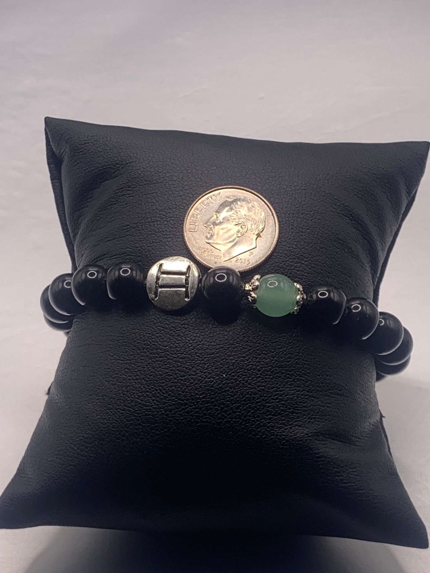 Gemini Zodiac black obsidian with green aventurine elastic beaded bracelet with silver accents