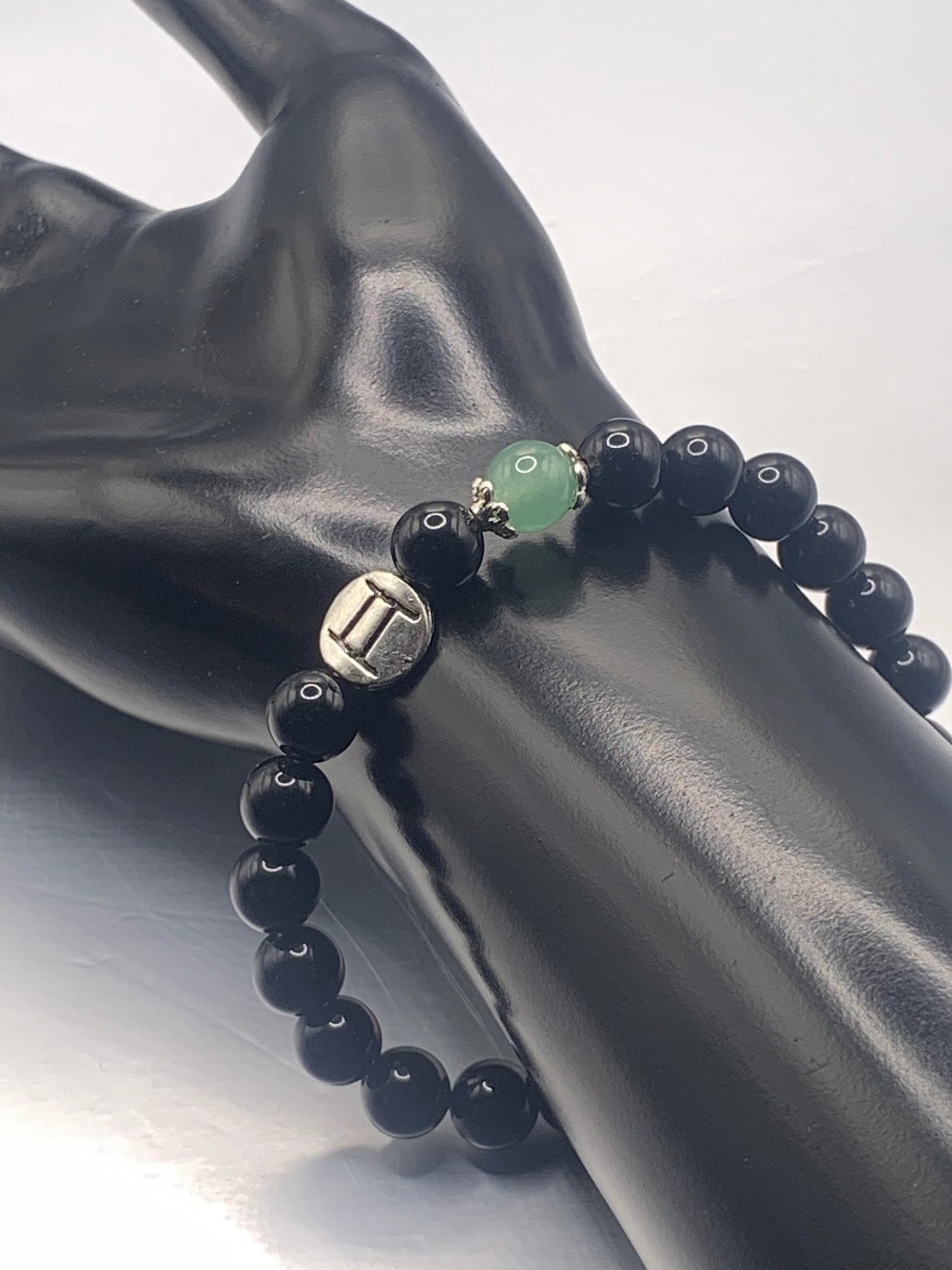 Gemini Zodiac black obsidian with green aventurine elastic beaded bracelet with silver accents