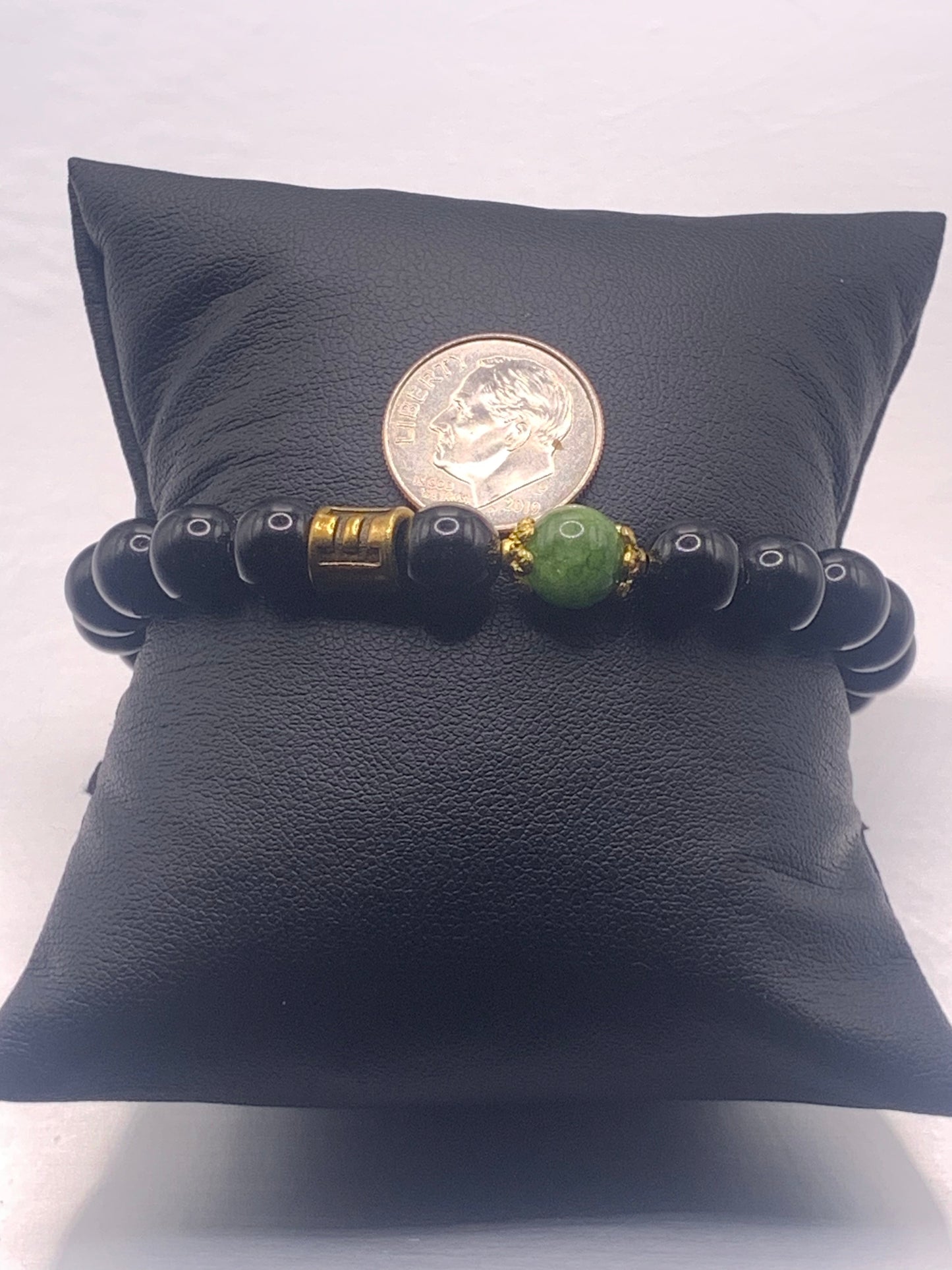 Gemini Zodiac black obsidian with green tourmaline elastic beaded bracelet with gold accents