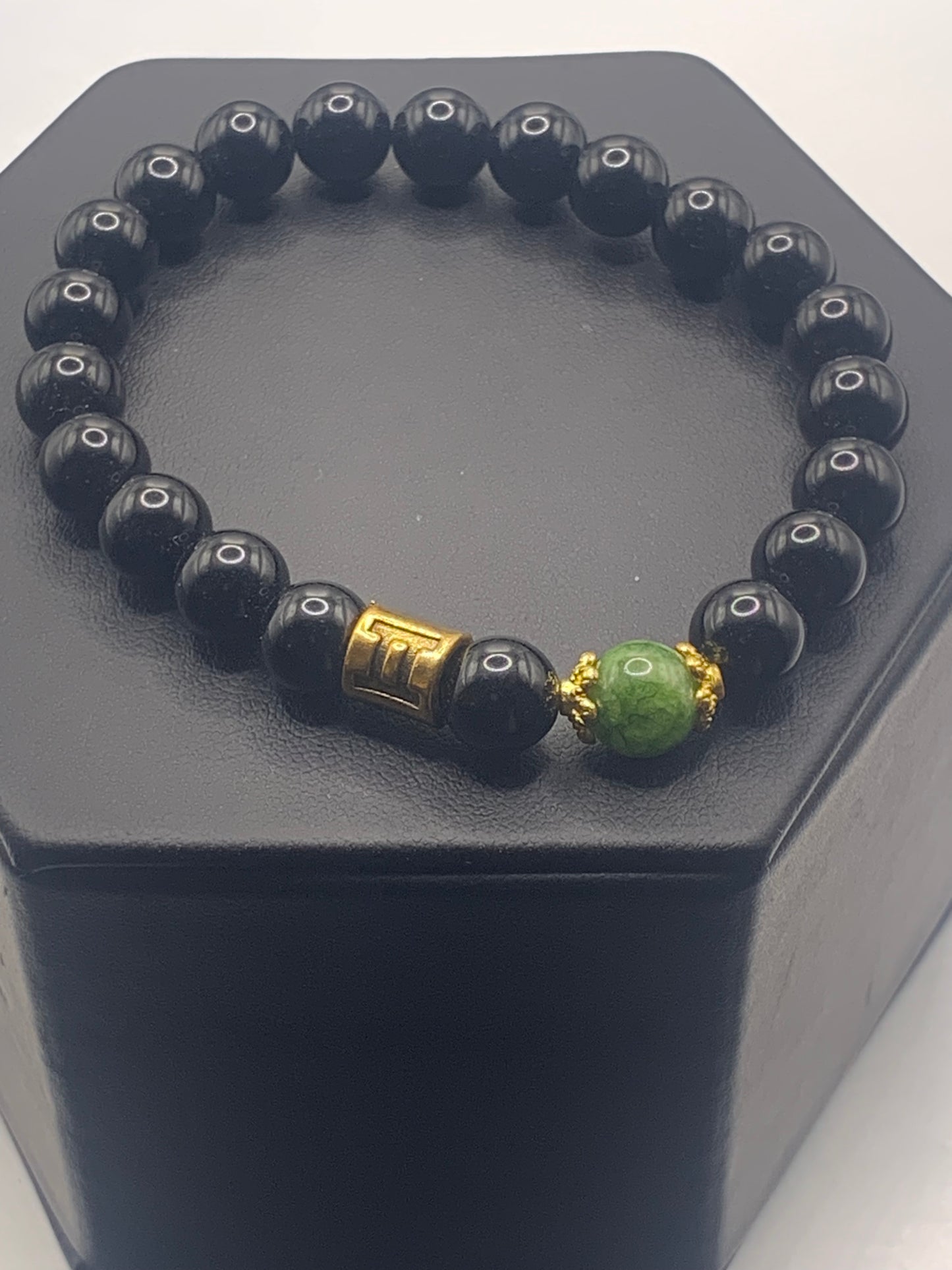 Gemini Zodiac black obsidian with green tourmaline elastic beaded bracelet with gold accents
