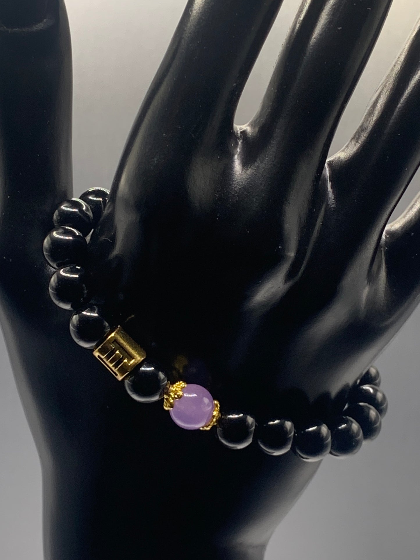 Gemini Zodiac black obsidian with lavender agate elastic beaded bracelet with gold accents