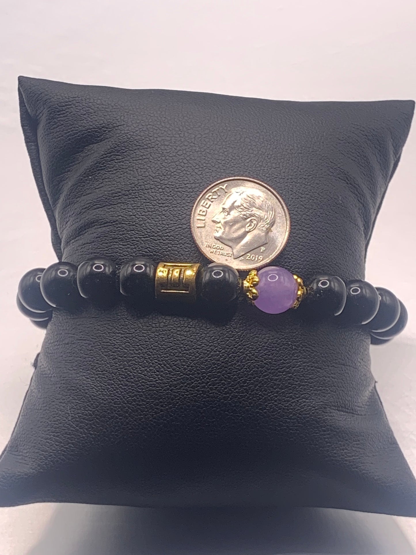 Gemini Zodiac black obsidian with lavender agate elastic beaded bracelet with gold accents