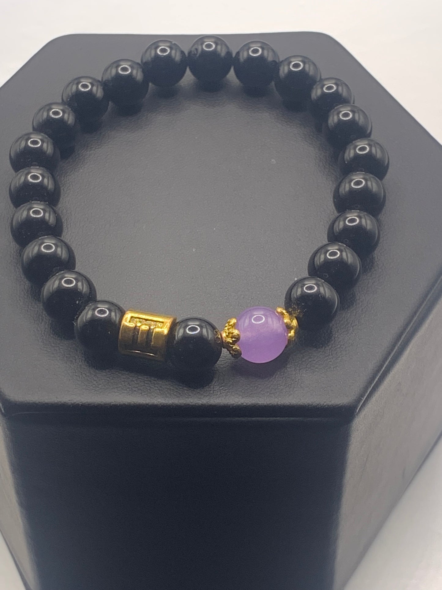 Gemini Zodiac black obsidian with lavender agate elastic beaded bracelet with gold accents