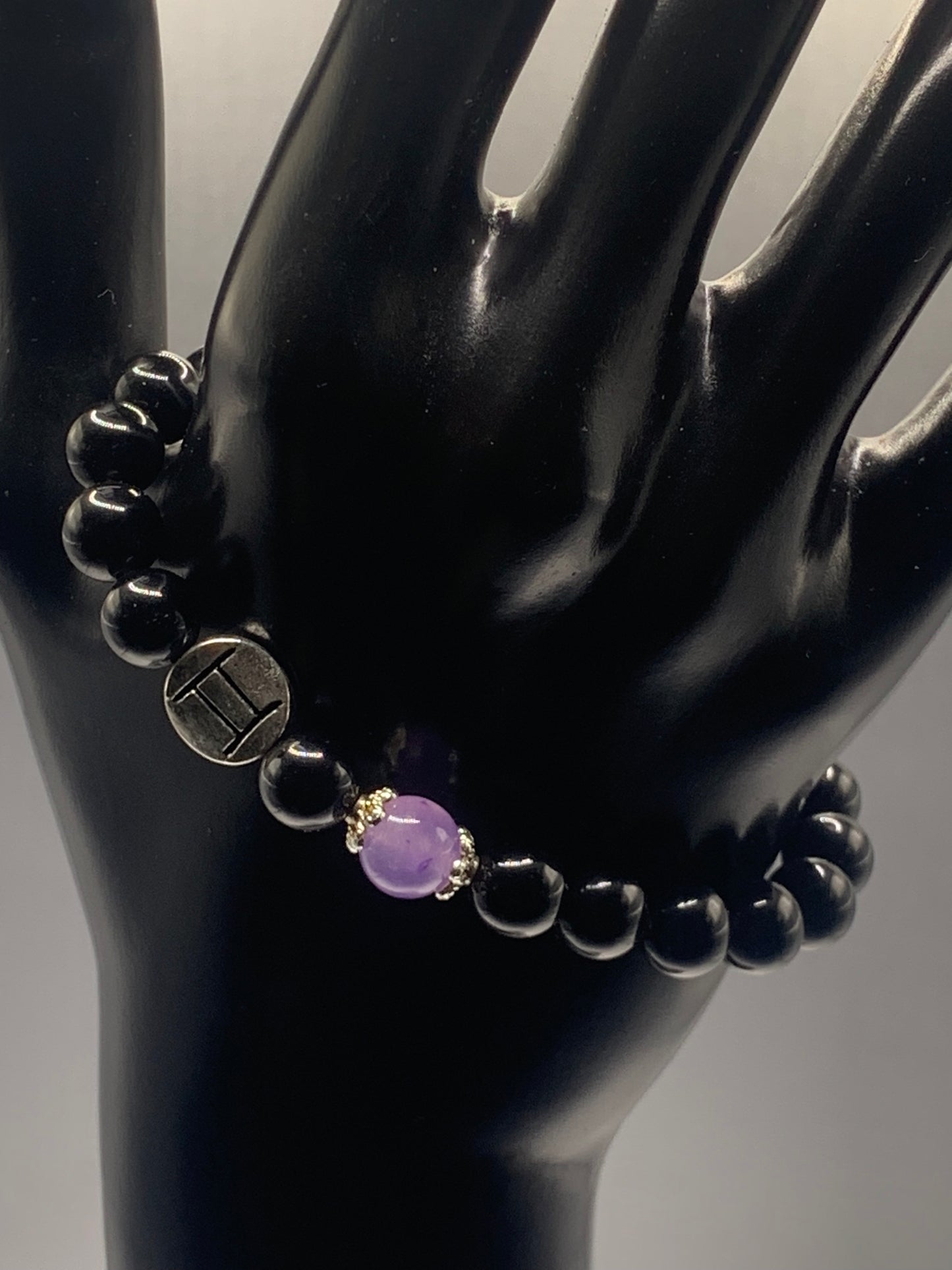 Gemini Zodiac black obsidian with lavender agate elastic beaded bracelet with silver accents