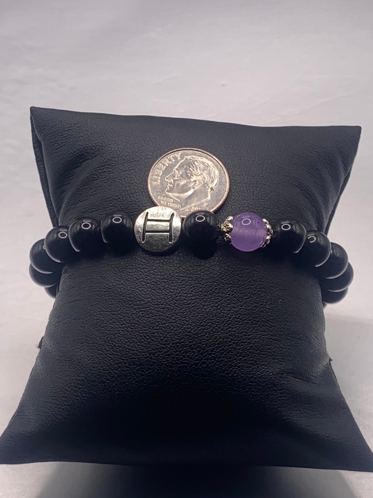 Gemini Zodiac black obsidian with lavender agate elastic beaded bracelet with silver accents