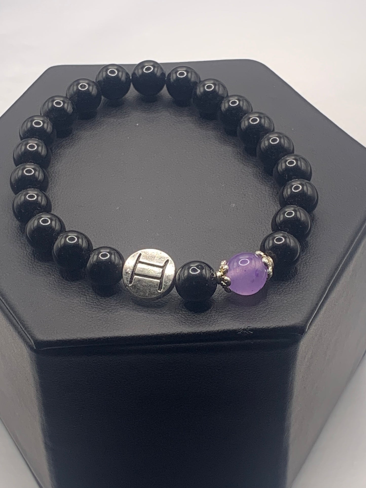 Gemini Zodiac black obsidian with lavender agate elastic beaded bracelet with silver accents