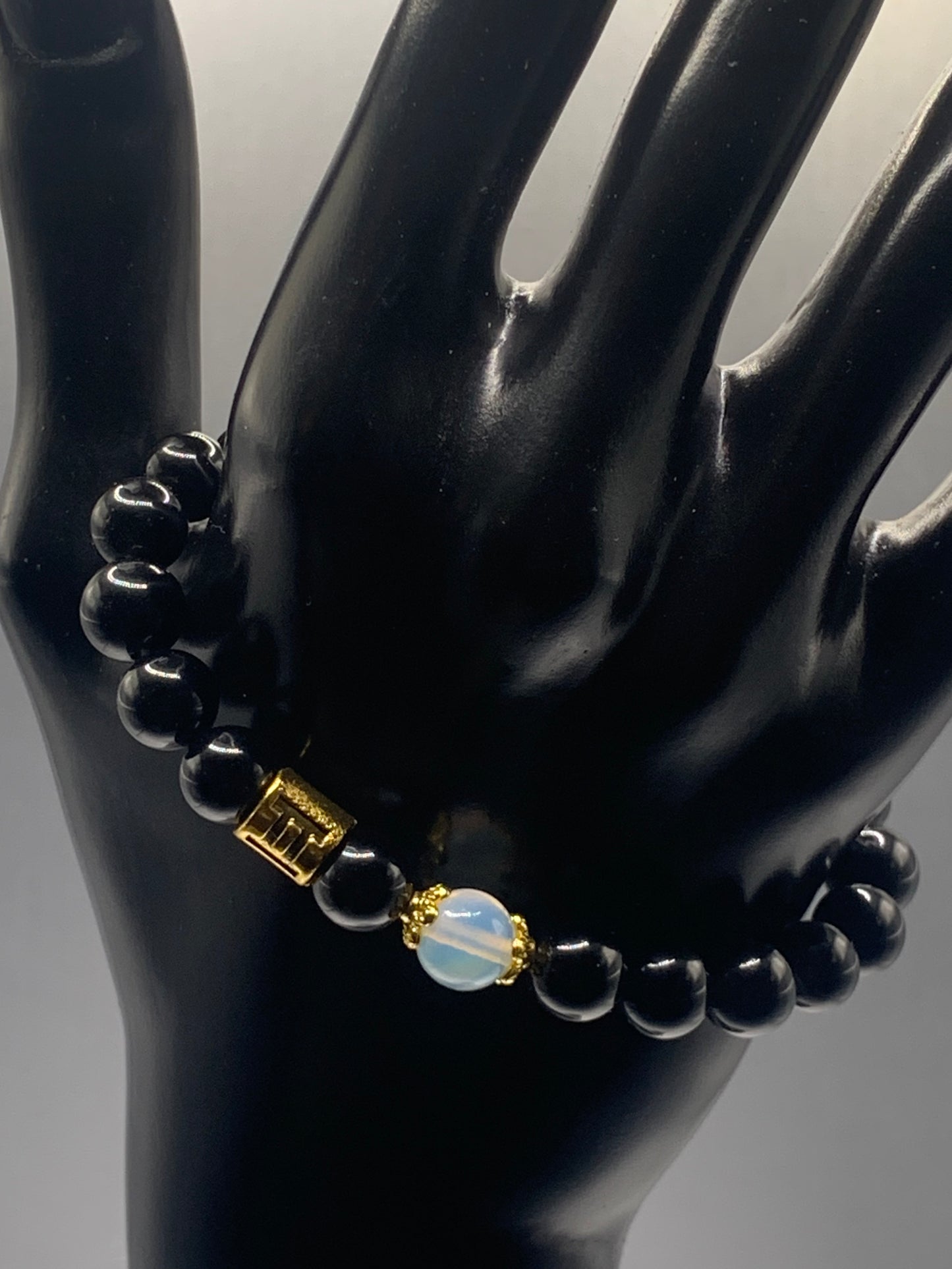 Gemini Zodiac black obsidian with opalite elastic beaded bracelet with gold accents