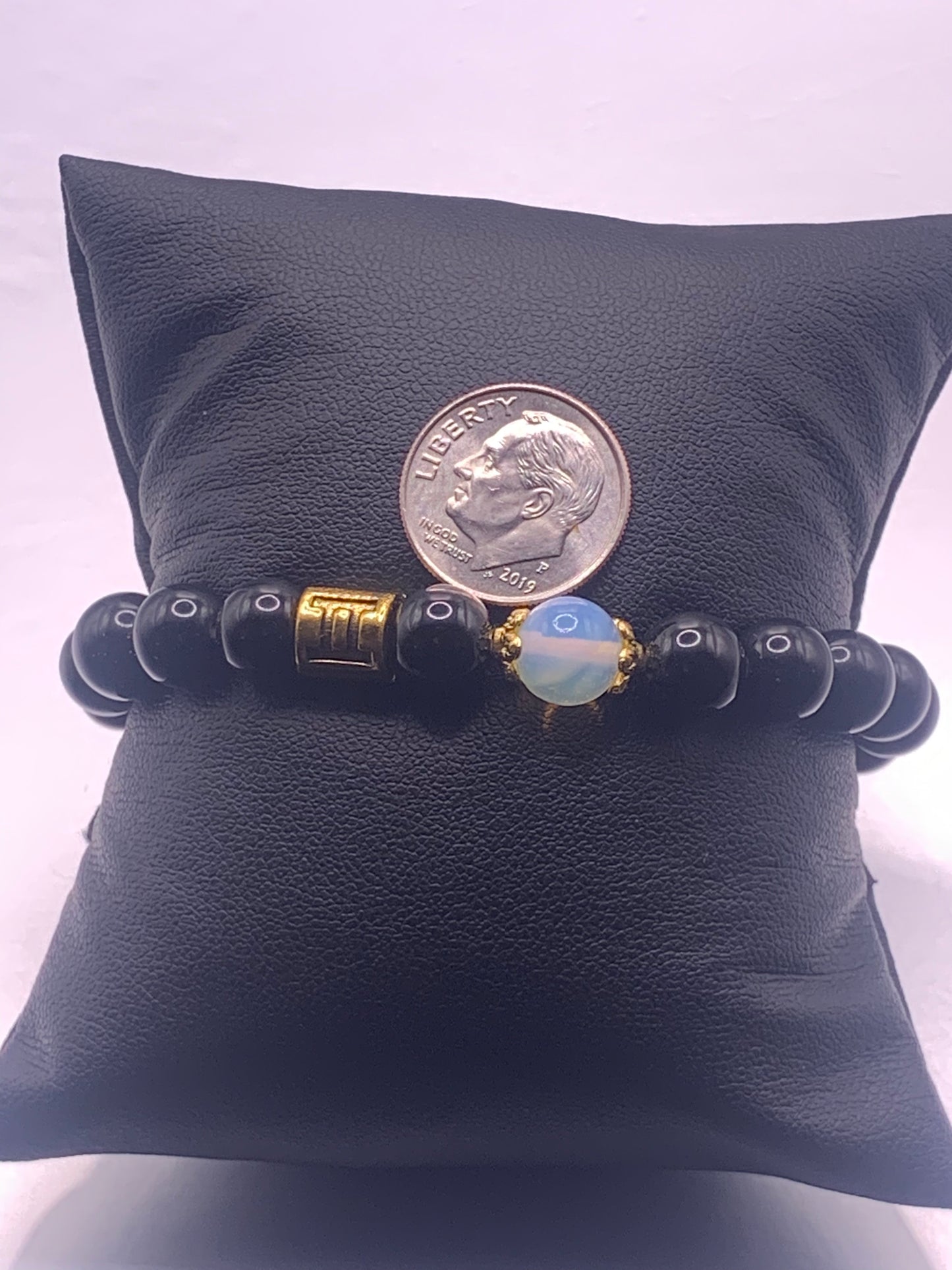 Gemini Zodiac black obsidian with opalite elastic beaded bracelet with gold accents