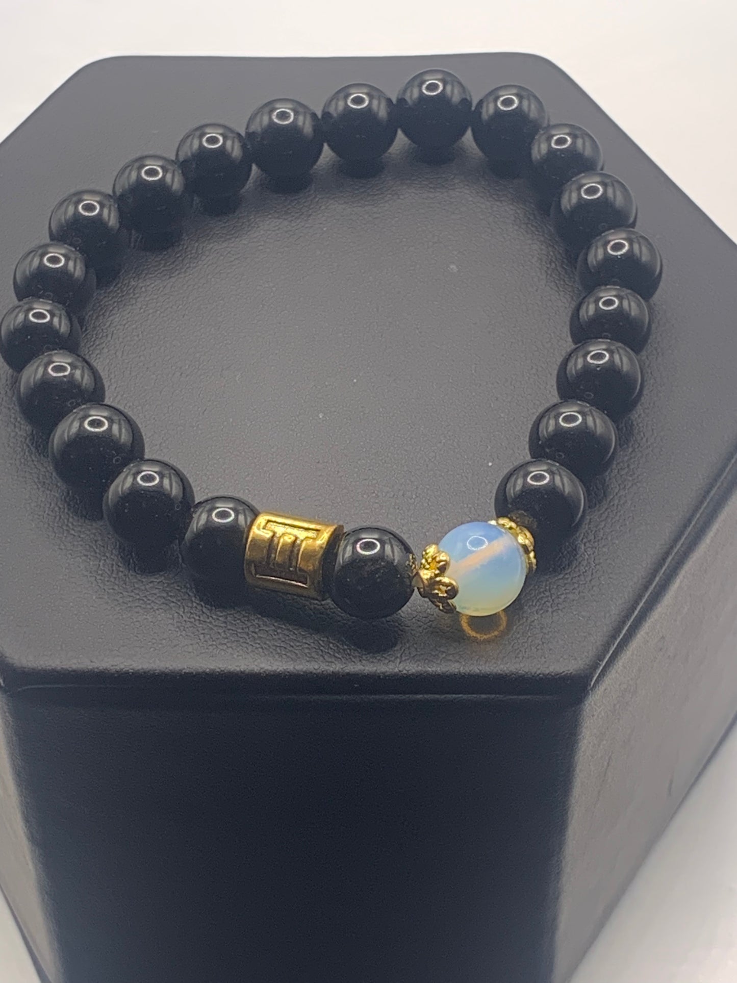 Gemini Zodiac black obsidian with opalite elastic beaded bracelet with gold accents